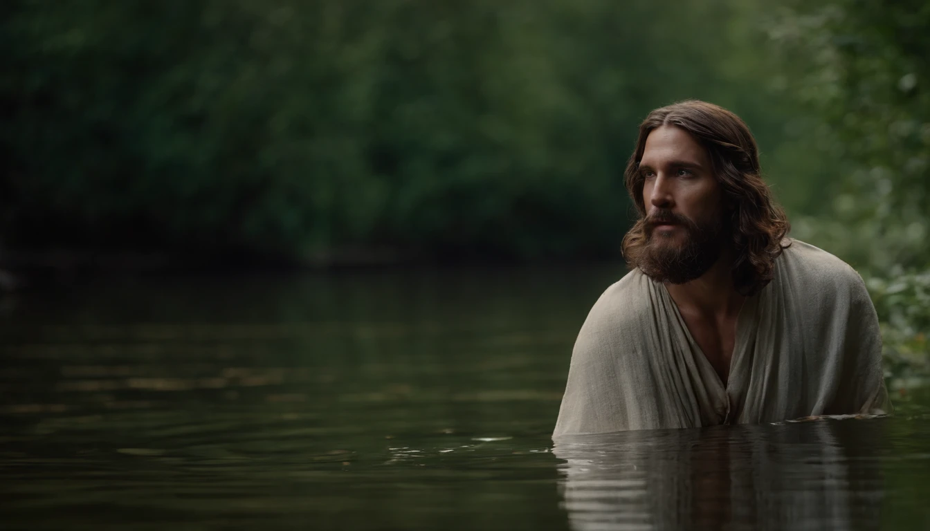 Jesus Christ, highly realistic image in 4k, walking under the waters of a lake, serene expression of pure compassion.