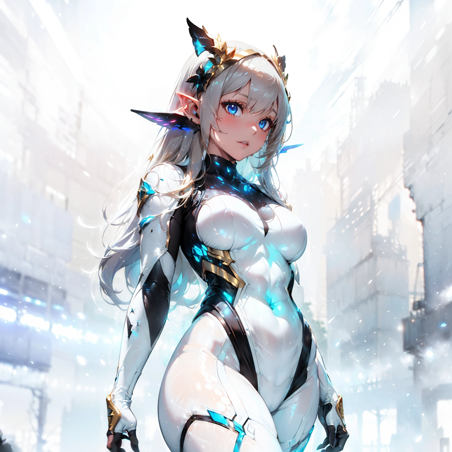 Elf with golden hair, intricate perfect beauty face, detailed sharp galaxy glowing eyes, detailed face, (((from face to the waist))), (((beauty shape))), ((in realistic white neon-lit sci-fi plugsuit costume)), masterpiece, 4k, UHD (((wearing golden gloves with hyper realistic and detailed black)))
