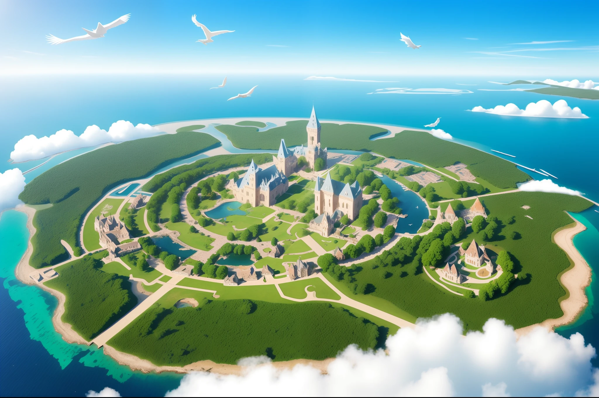 Irregular shaped flying island surrounded by a sea of clouds, some trees and romantic art nouveau castle in the island, goats and chickens. Big birds flying in the sky. Illuminated by morning sunlight. Highly detailed, dreamy, whimsical, high resolution. Bird-eye point of wiev, great angular, great depht of field, phorealistic.