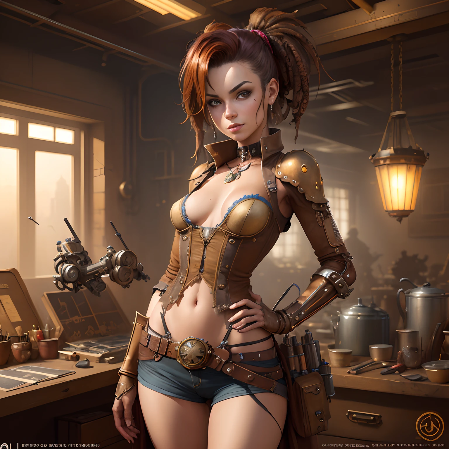 There's a Girl in a Steam Punk costume standing in a room, American shot, Steampunk hermosa chica anime, (Small ), (Small ), (Looking At The Camera) steampunk fantasy style, Wojtek FUS, vivid steampunk concept, Arte conceptual steampunk, Cushart Krenz Key Art Femenino, Obra maestra de CGsociety, Una hermosa diosa steampunk, Arte digital steampunk, Artgerm Julie Bell Beeple, Chica Valquiria mechanized