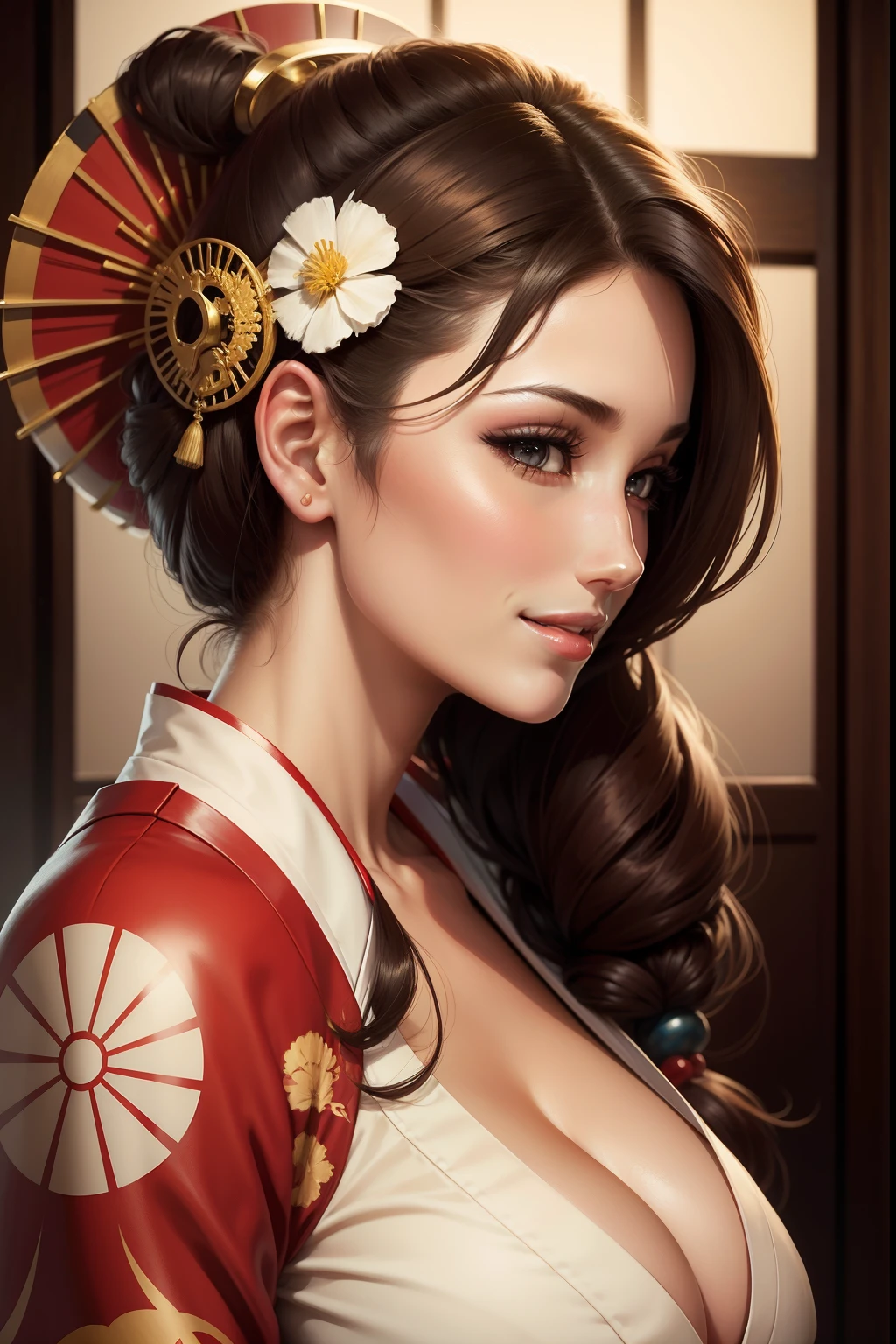 lucy pinder, profile, portrait, smiling, hot geisha, sexy