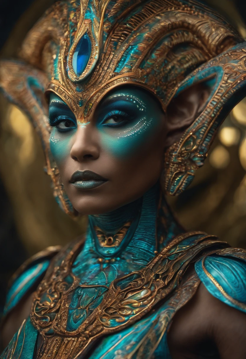 Create a colorful and detailed image of the face of an extraterrestrial humanoid with pointed ears.