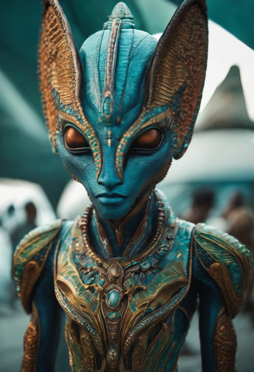 Create a colorful and detailed image of the face of an extraterrestrial humanoid with pointed ears.