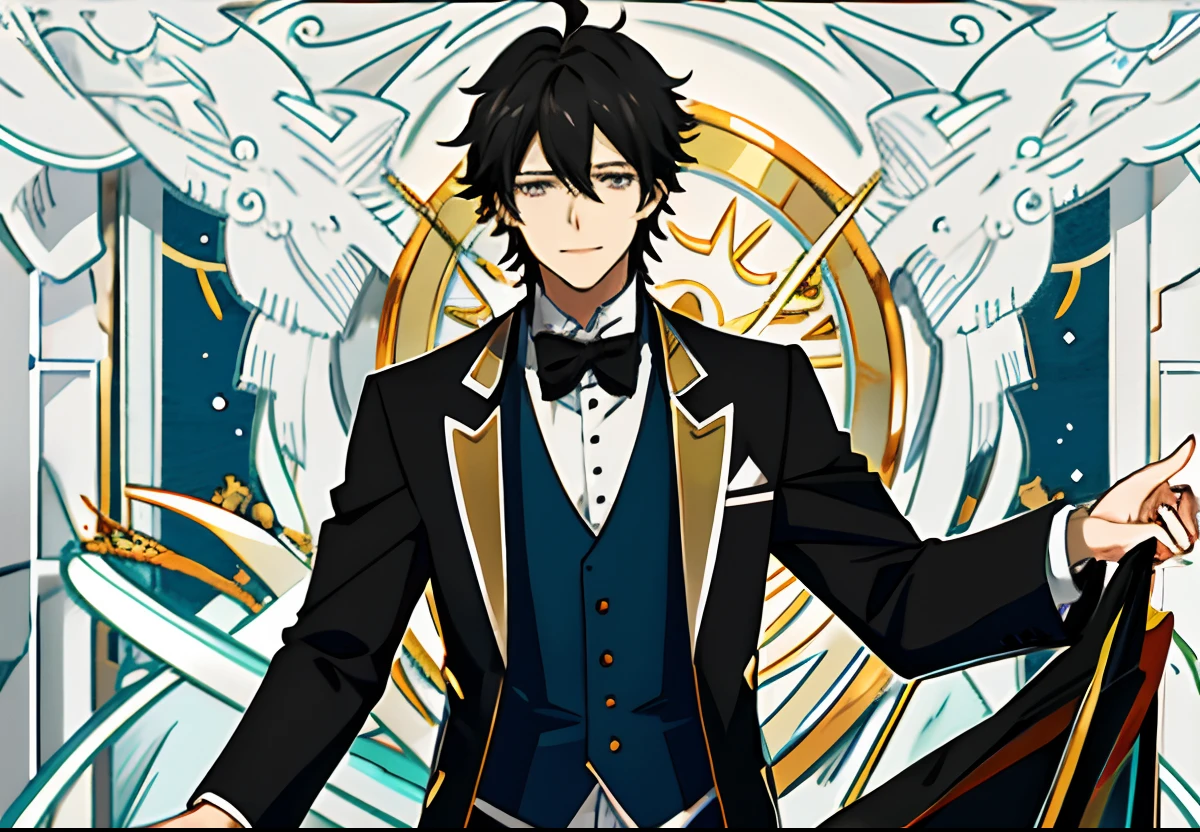 Butler costume, anime key visual of elegant,Close your eyes,Squint, Smile, Key anime art, wearing fantasy formal clothing, offcial art, official character art, high detailed official artwork, Detailed key anime art, Handsome anime pose, Kazuto Okada。, hijikata toushirou of gintama, yuyushiki, okabe rintarou, Anime handsome man, ikuto yamashita, sui ishida with black hair, male anime character, shikanosuke yagaki