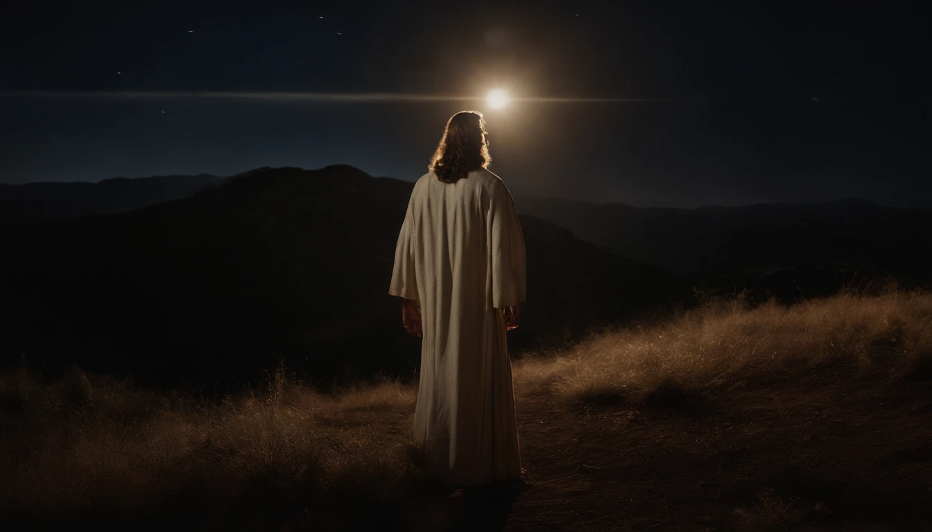 Jesus rezando no monte das oliveiras, Looking Up The Sky, noite, luz do luar.  Arte sacra