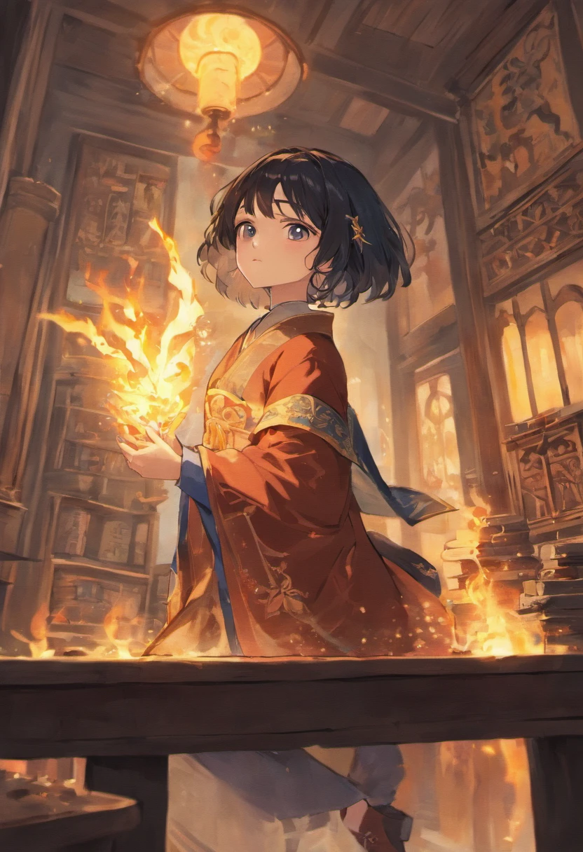 Create an art of the Asian girl with short black hair in the Ravenclaw common room. She's sitting by the fireplace, studying with a scroll and a magic feather, rodeada por objetos curiosos e livros antigos."