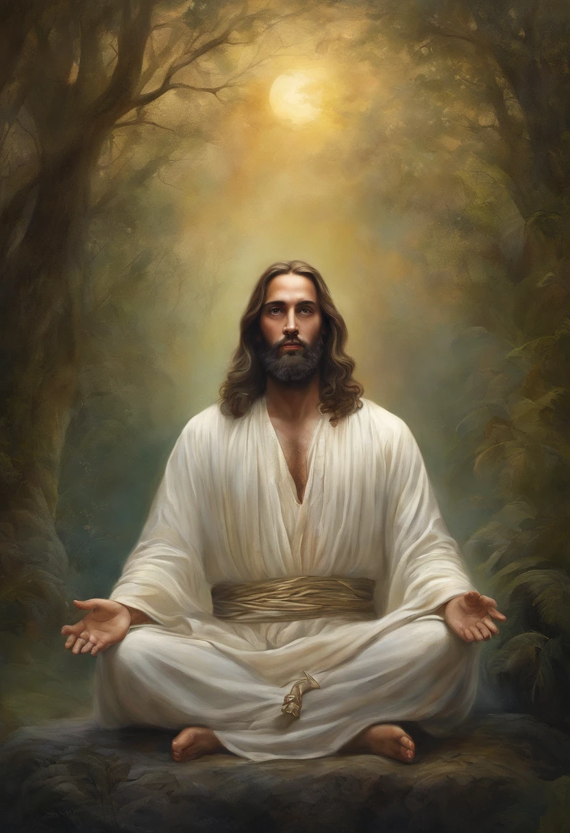 Jesus Cristo, sitting in a meditation position, diante de um orisonte lindo, com o sol se pondo, in connection with the divine, foto retrato, Directed by: Drew Tucker, Directed by: Adam Marczyński, Directed by: Alexandre Kucharsky, Directed by: Gavin Nolan, Surrealismo 8K, Directed by: Jason Felix, Yuri Shwedoff e Tom Bagshaw, arte ilustrativa, Estilo Erik Johansson