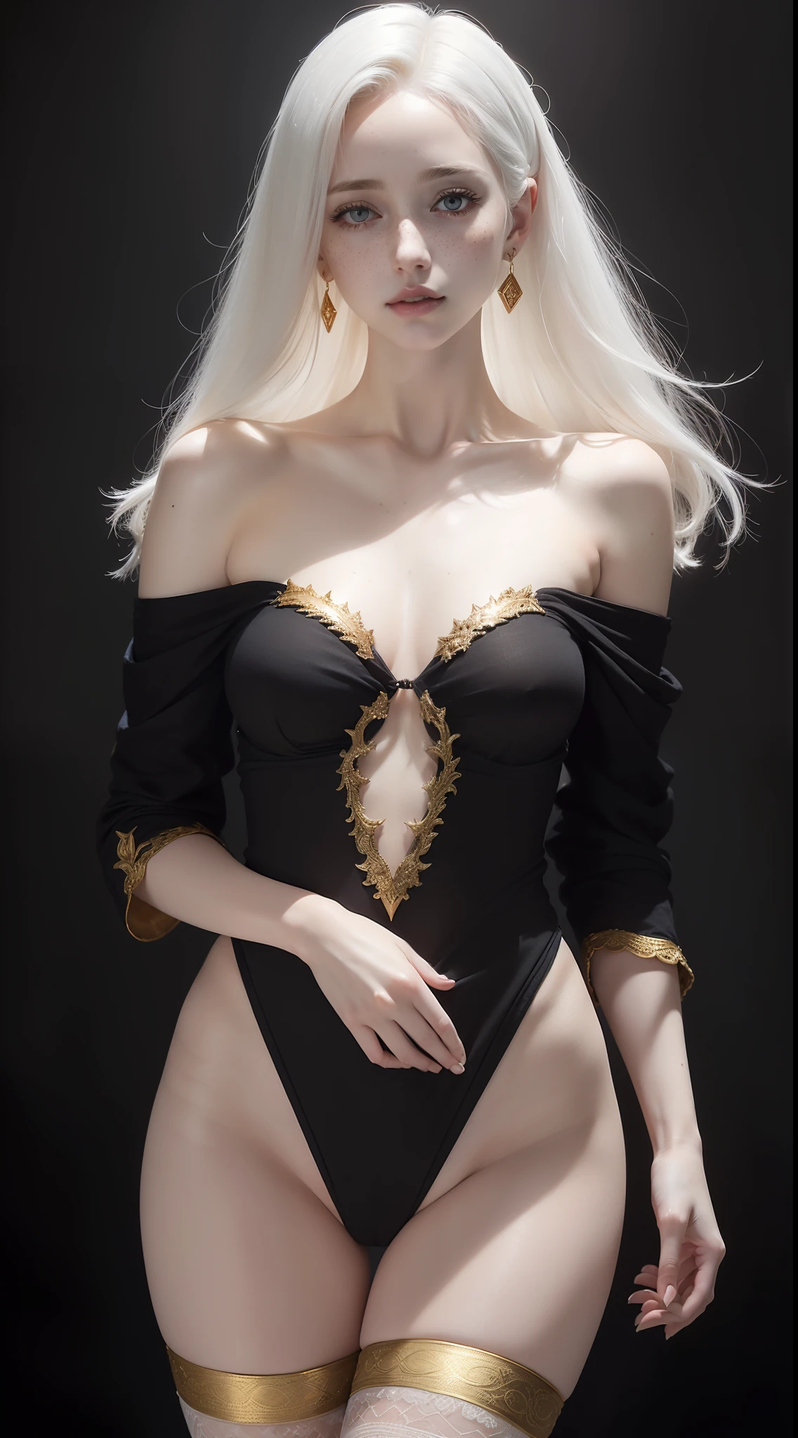 dynamic pose,1girl,pale skin,white hair,delicate face,freckles,intricate details,(baggy black linen off shoulder with gold trimmings:1.3,thigh highs),(wide thigh gap:1.3,wide thighs:1.3),(white background),(best quality:1.2,ultra-detailed,realistic:1.37),portrait,soft colors,polished lighting