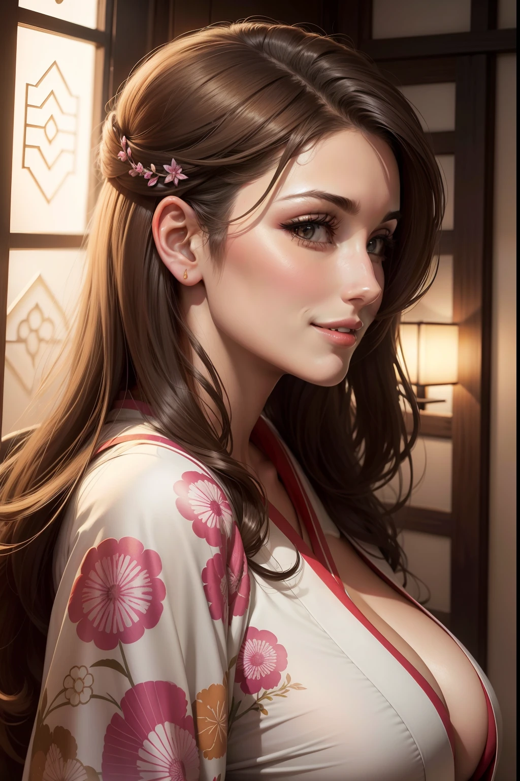 lucy pinder, portrait, profile, kimono, smiling, sexy