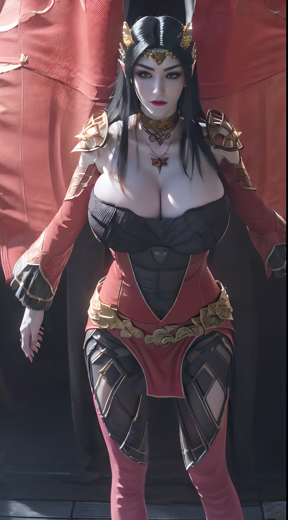 Solo, 1 Beautiful Female, Wuxia World, head ornament, (1 Girl), (full figure:1.5), (Full red golden Armor:1.4), (leggings:1.3), (standing:1.3), (huge fake breasts, round breasts:1.5), (muscle abs:1.2), (black hair:1.5), (big buttock:1.1), (shiny skin:1.1), Chinese Immortal Wuxia, Lips, (jealous), Intellectual, Delicate Face, Masterpiece, Best Quality, High Quality, High Definition, High Quality Texture, High Quality Shadows, High Detail, Cinematic Light, Side Lighting, Ray Tracing, Sharp Focus, Realistic, Edge Light, (Detailed Skin Details: 1.2), 8k uhd, SLR, (soft light, high quality, high resolution:1.7), (very detailed CG unity 8k wallpaper)