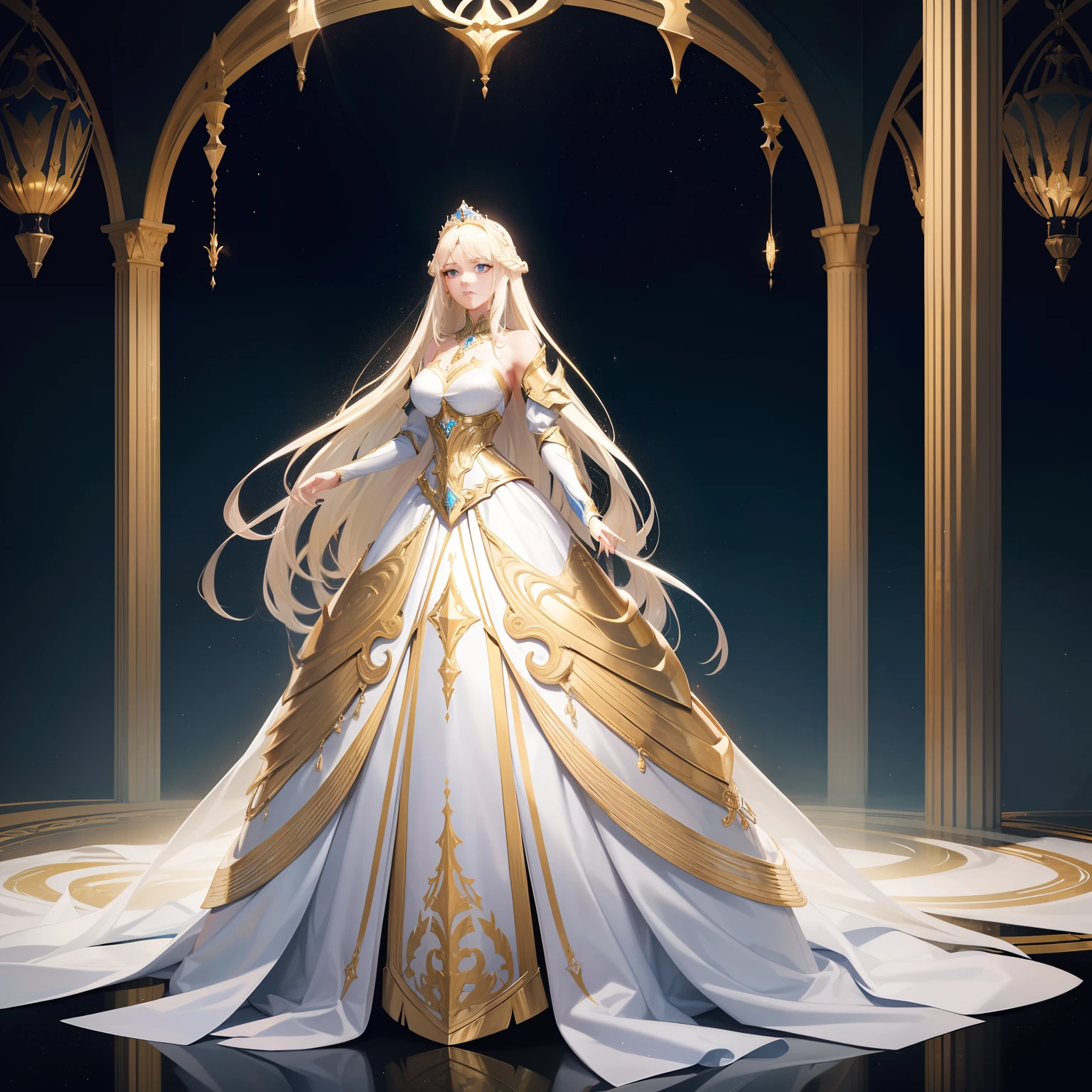 A woman, beautiful, otherworldly, tall, elegant, full-body, long blonde hair, princess dress, gold and silver decoration, armor, white and blue long dress, light surrounding, streamer, magic, extreme detail, 8k