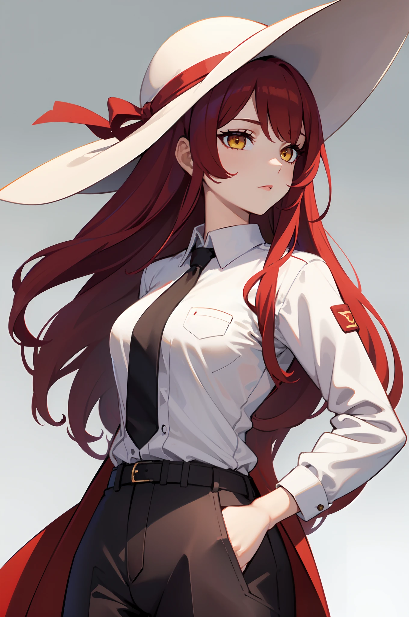 masterpiece, best quality, 1girl, solo, scarlet red hair, (long hair, forehead), yellow eyes, medium breasts, neutral, ((wide sunhat)), hands on pockets, jacket, black cropped jacket, white shirt, button shirt, suit, suit pants, black pants, looking at viewer, white background, simple background, transparent background, standing, upper body, portrait