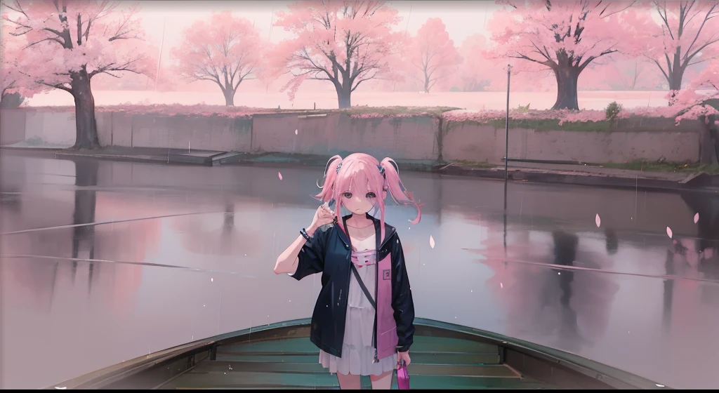 there is a woman with pink hair standing on a boat, with pink hair, haruno sakura, pink twintail hair and cyan eyes, standing in a pond, raining!!, inspired by Matsumura Goshun, raining!, in game, second life avatar, hints of yayoi kasuma, happy!!!, sakura season dynamic lighting, raining!!!
