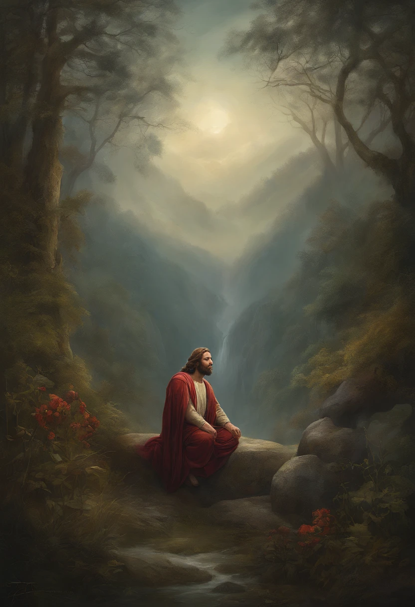 Jesus Cristo, kneeling praying to the heavens, diante de um orisonte lindo, com o sol se pondo, in connection with the divine, foto retrato, Directed by: Drew Tucker, Directed by: Adam Marczyński, Directed by: Alexandre Kucharsky, Directed by: Gavin Nolan, Surrealismo 8K, Directed by: Jason Felix, Yuri Shwedoff e Tom Bagshaw, arte ilustrativa, Estilo Erik Johansson