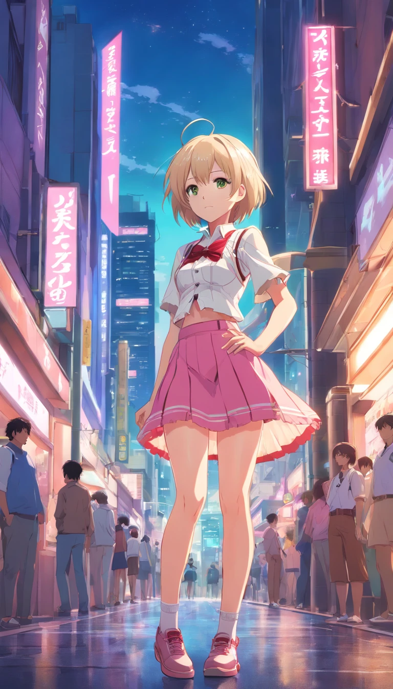 Beautiful white-skinned anime girl with pink miniskirt,White Sox with garter,White corset with gold trim,Steampunk style clothes,full bodyesbian,short white-hair,Red outline, green colored eyes,Pink Lens,Rococo style,nffsw,nffsw,8K,In a futuristic retro city at night