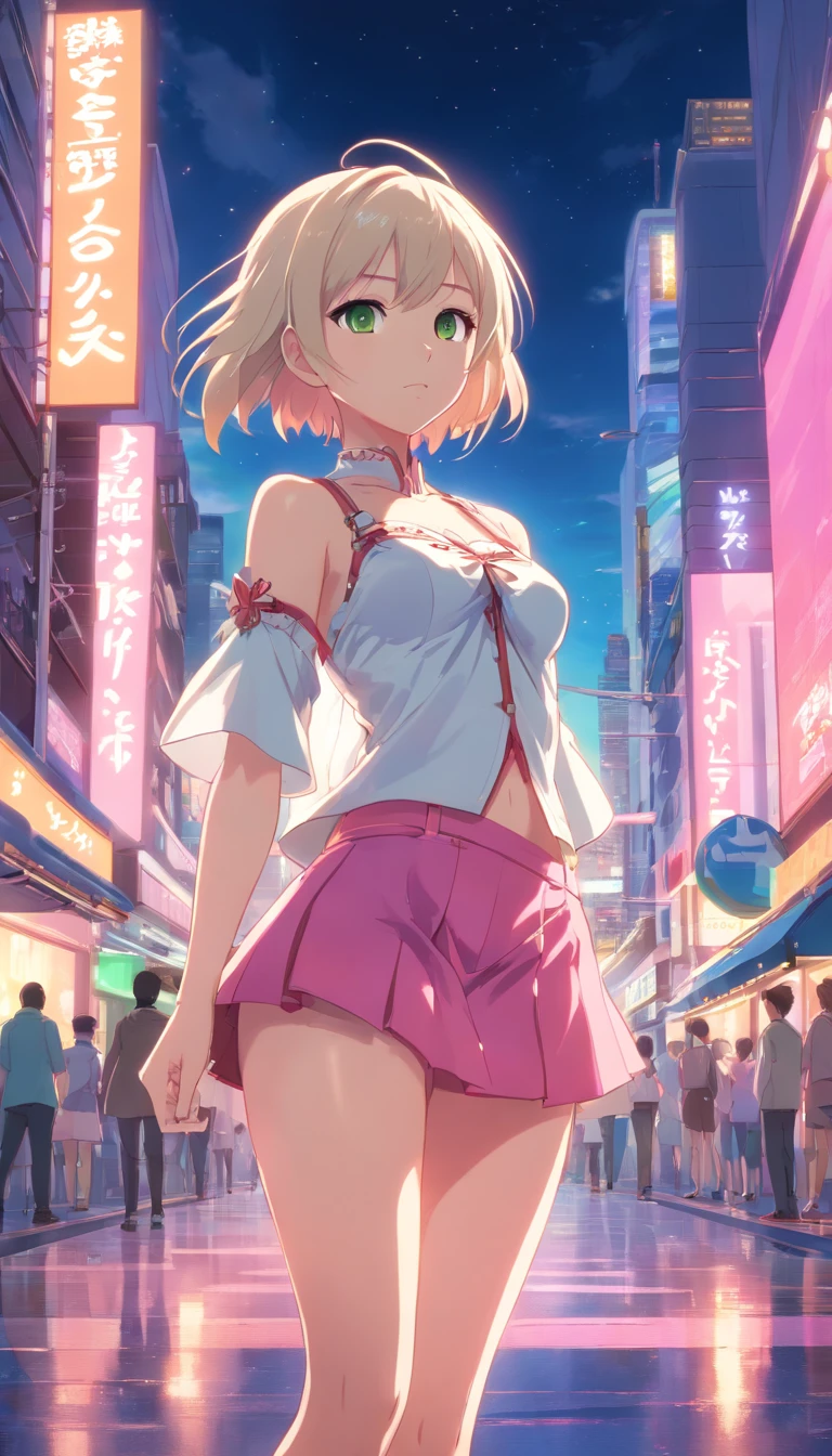 tmasterpiece, best qualtiy, NSFW, 1girll, platinum blond hair, short detailed hair, Green eyes, pigtails, Small lively breasts, Have on the street, the night, neonlight, white t - shirt, Poker face, up front view, standing on your feet, in crowd,fully body photo,dynamicposes,blackstockings