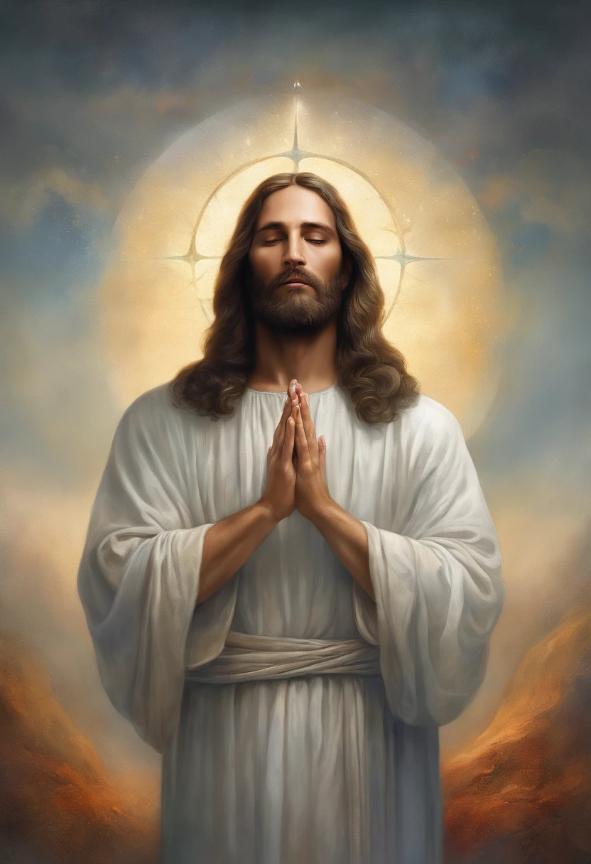 Jesus Cristo, kneeling praying to the heavens, diante de um orisonte lindo, com o sol se pondo, in connection with the divine, foto retrato, Directed by: Drew Tucker, Directed by: Adam Marczyński, Directed by: Alexandre Kucharsky, Directed by: Gavin Nolan, Surrealismo 8K, Directed by: Jason Felix, Yuri Shwedoff e Tom Bagshaw, arte ilustrativa, Estilo Erik Johansson
