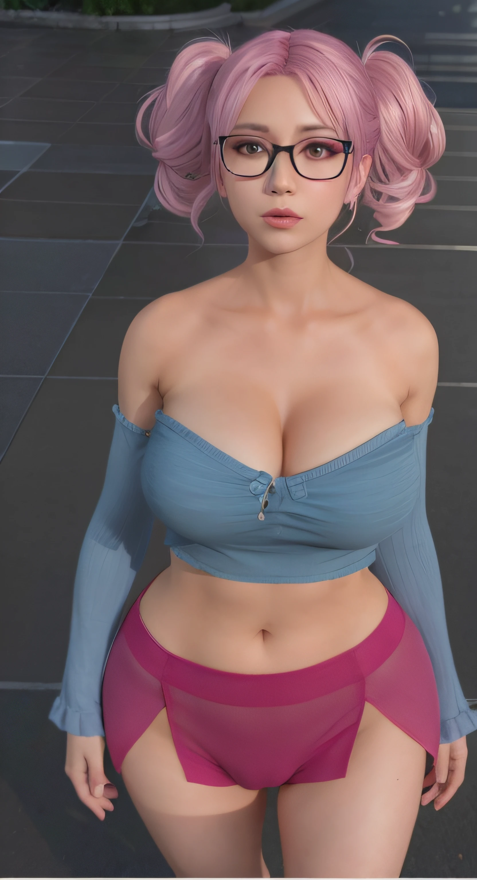 there is a woman with pink hair and glasses posing for a picture, corpo perfeito fotorrealista, corpo perfeito sombreado realista, renderizado em sfm, photorealistic anime girl rendering, [ Fotorrealismo 4K ]!!!, [ Fotorrealismo 4K ]!!, semi-realistic rendering, thicc, super detailed rendering, anime altamente detalhado, 3 d anime realista, Pose casual