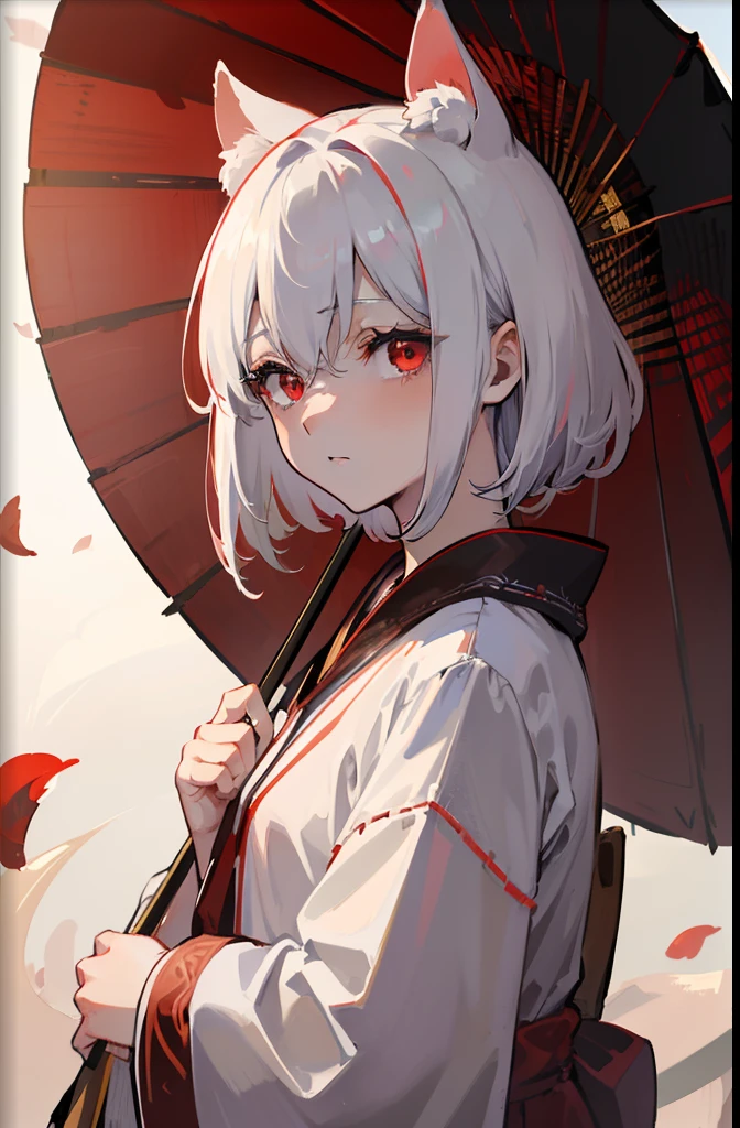 intricate-detail、hight resolution、super complex details、extremely detailed 8K 、A Japanese style、shrine maiden clothe、Tengu hat、white hair、dog ears、Scattered camellia、Wind blowing through、in fighting、(People details、(white hair)、(Red Eye 1.2)、(Rugged Face 1.1)、white hair、Shorthair、hair between eye、dog ears、)、(People theme、(blanche_1.4)(reddish_1.0))、(Basic Themes、(Brownish_1.4)、(red_1.1)、(verdant_1.3)、))、(Detailed background、(Scattered camellia、Wind blowing through、evening、))、intricate-detail、hight resolution、super complex details、extremely detailed 8K