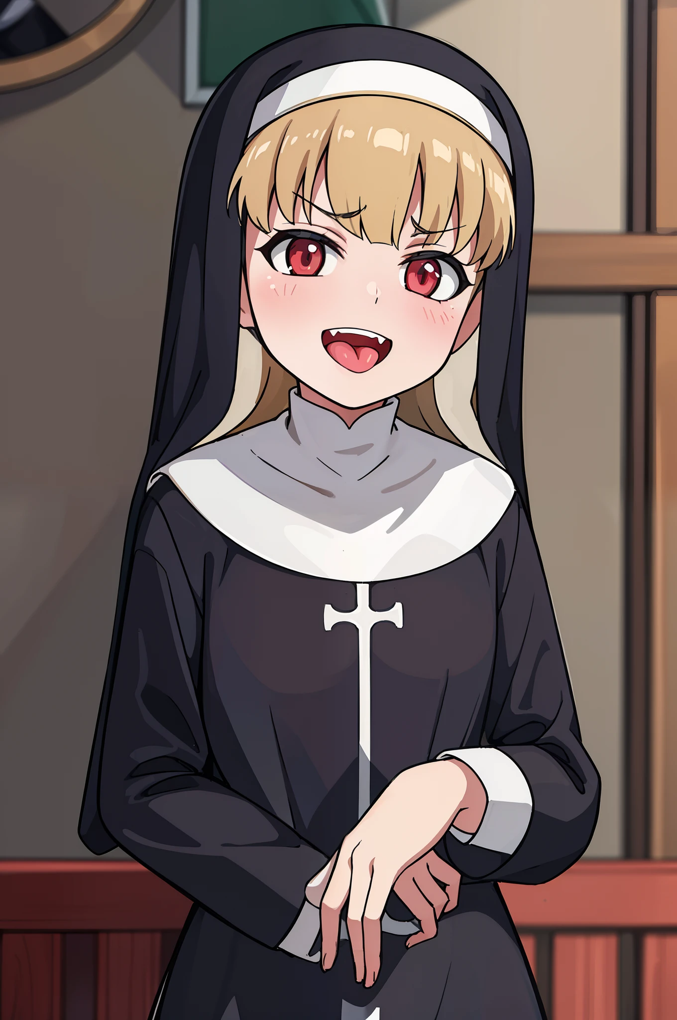 (One teenage nun girl) pale skin. . A nun in a cassock. Dark hair, red-eyes. crazy smile. Disdainful eyes. opened mouth. teeth. tongue sticking out. Tease . Against the background of the church hall