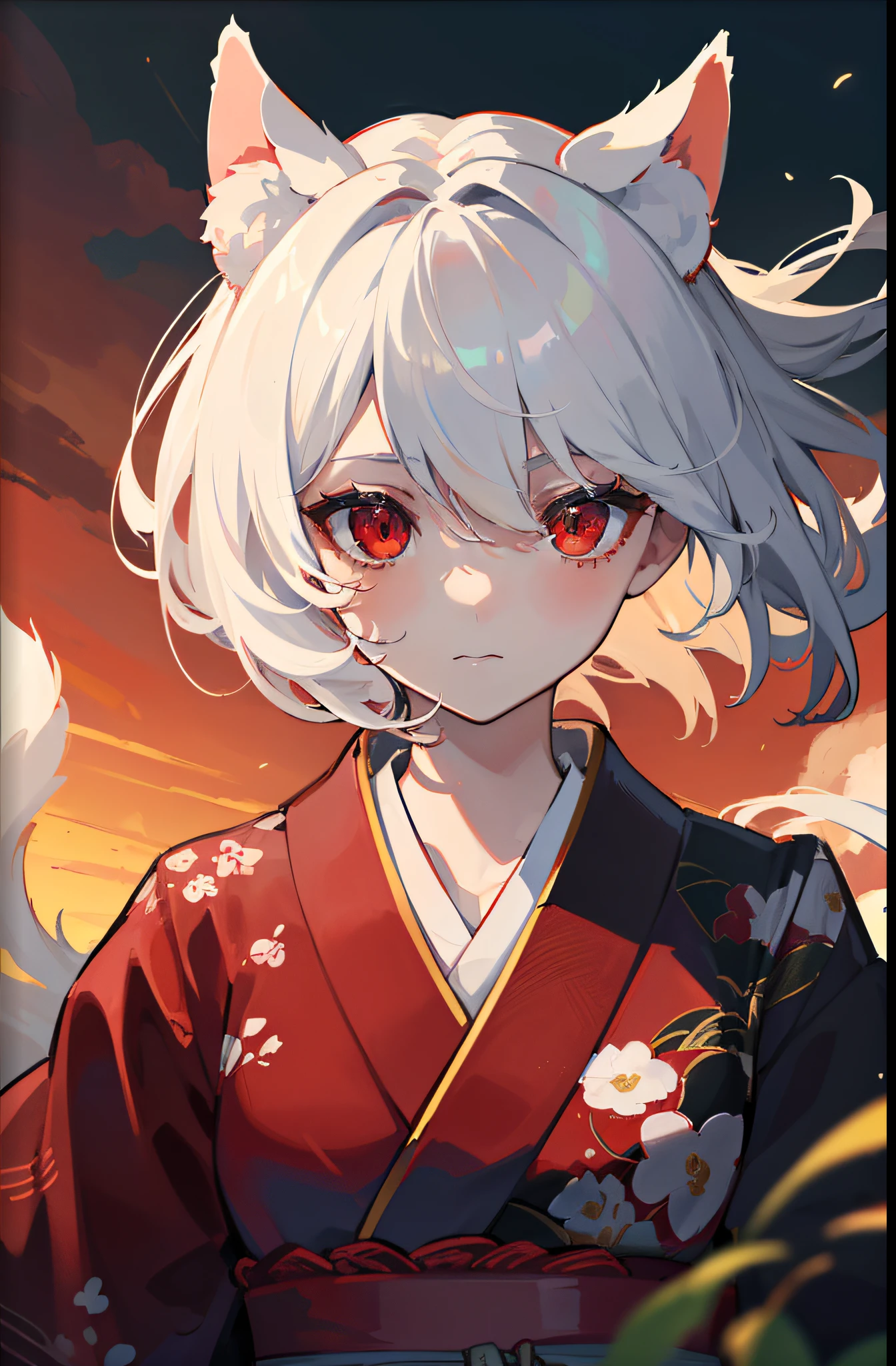 intricate-detail、hight resolution、super complex details、extremely detailed 8K 、A Japanese style、shrine maiden clothe、Tengu hat、white  hair、dog ears、Scattered camellia、Wind blowing through、in fighting、(People details、(white  hair)、(Red Eye 1.2)、(Rugged Face 1.1)、white  hair、Shorthair、hair between eye、dog ears、)、(People theme、(blanche_1.4)(reddish_1.0))、(Basic Themes、(Brownish_1.4)、(red_1.1)、(verdant_1.3)、))、(Detailed background、(Scattered camellia、Wind blowing through、evening、))、intricate-detail、hight resolution、super complex details、extremely detailed 8K