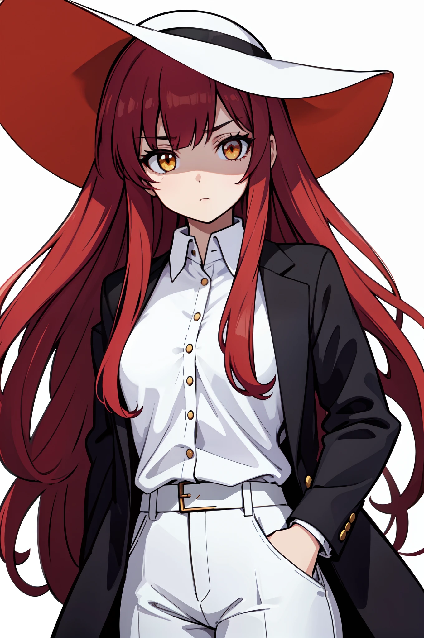 1girl, solo, scarlet red hair, (long hair, forehead), yellow eyes, medium breasts, neutral, ((wide sunhat)), hands on pockets, jacket, black cropped jacket, white shirt, button shirt, suit, suit pants, black pants, looking at viewer, white background, simple background, transparent background, standing, upper body, portrait, masterpiece, best quality, 8k,
