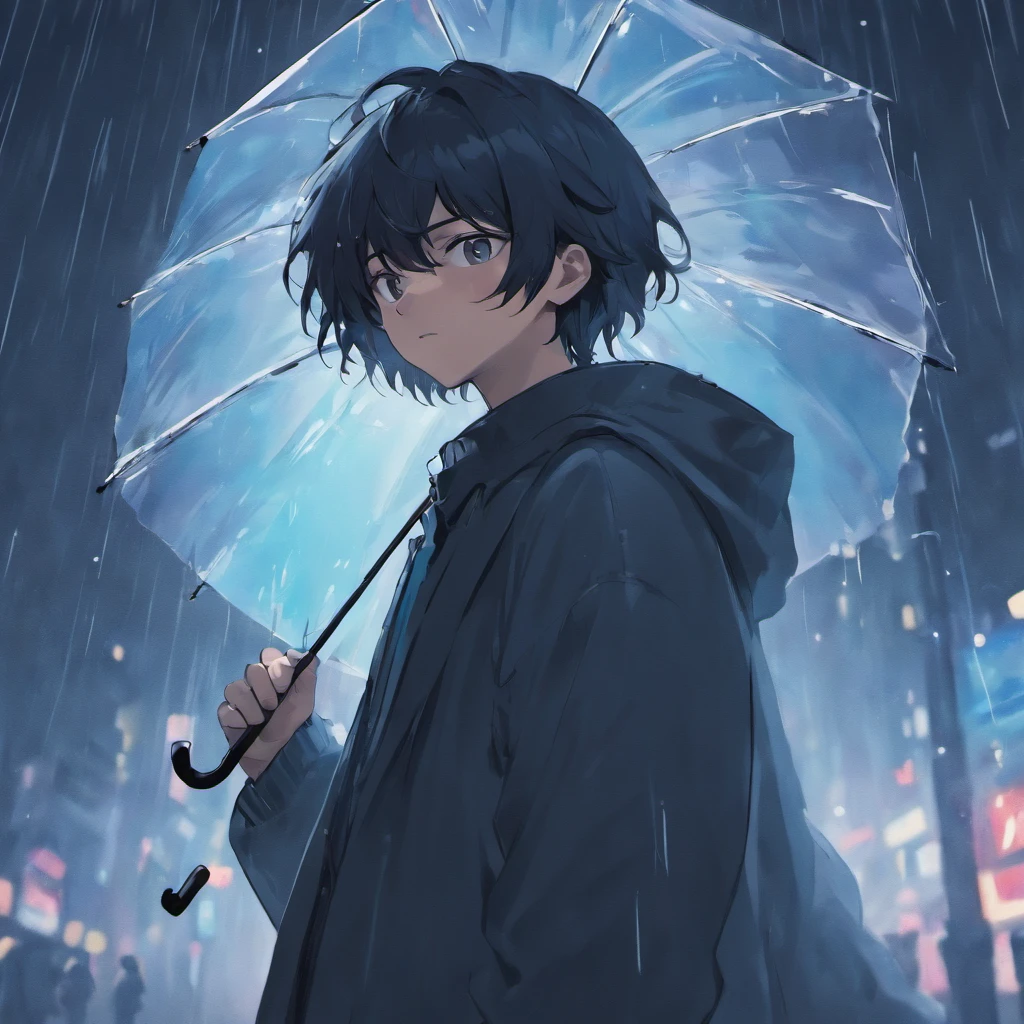 black haired, wearing a mask, holding an umbrella, male, light rain background