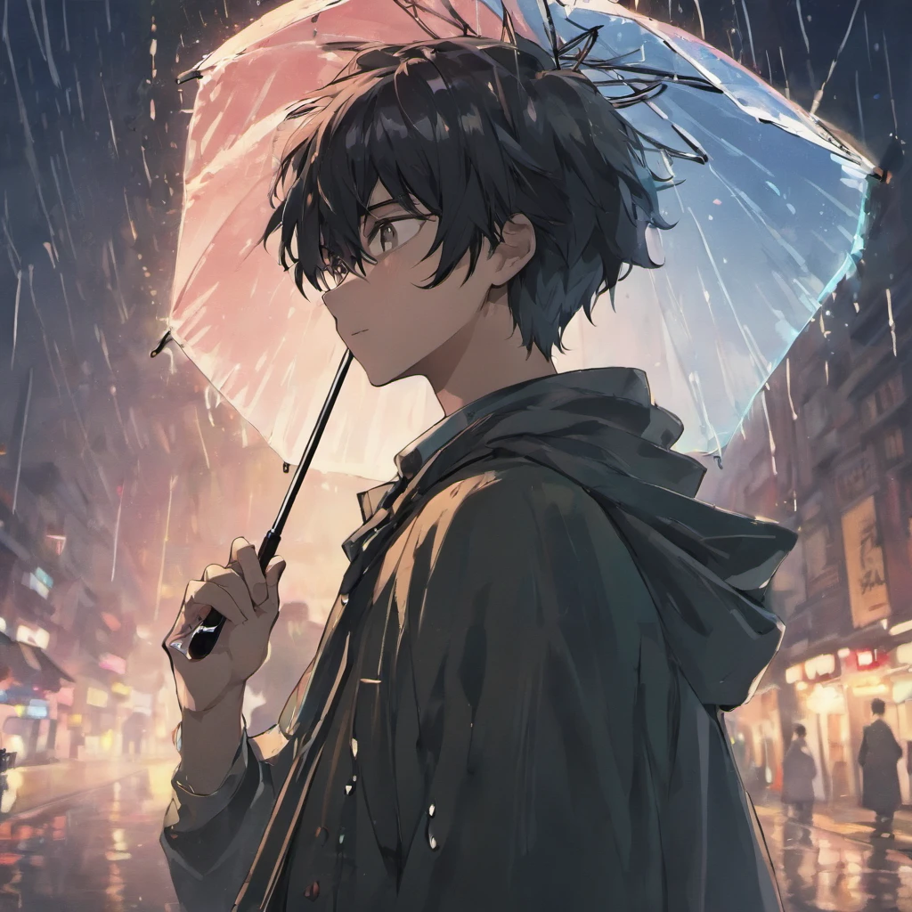 black haired, wearing a mask, holding an umbrella, male, light rain background
