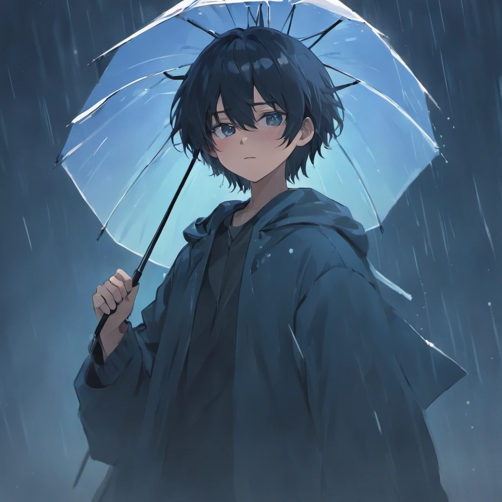 black haired, wearing a mask, holding an umbrella, male, light rain background