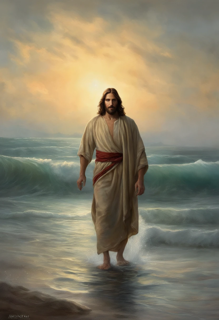 Jesus Christ walking on water, diante de um orisonte lindo, com o sol se pondo, in connection with the divine, foto retrato, Directed by: Drew Tucker, Directed by: Adam Marczyński, Directed by: Alexandre Kucharsky, Directed by: Gavin Nolan, Surrealismo 8K, Directed by: Jason Felix, Yuri Shwedoff e Tom Bagshaw, arte ilustrativa, Estilo Erik Johansson