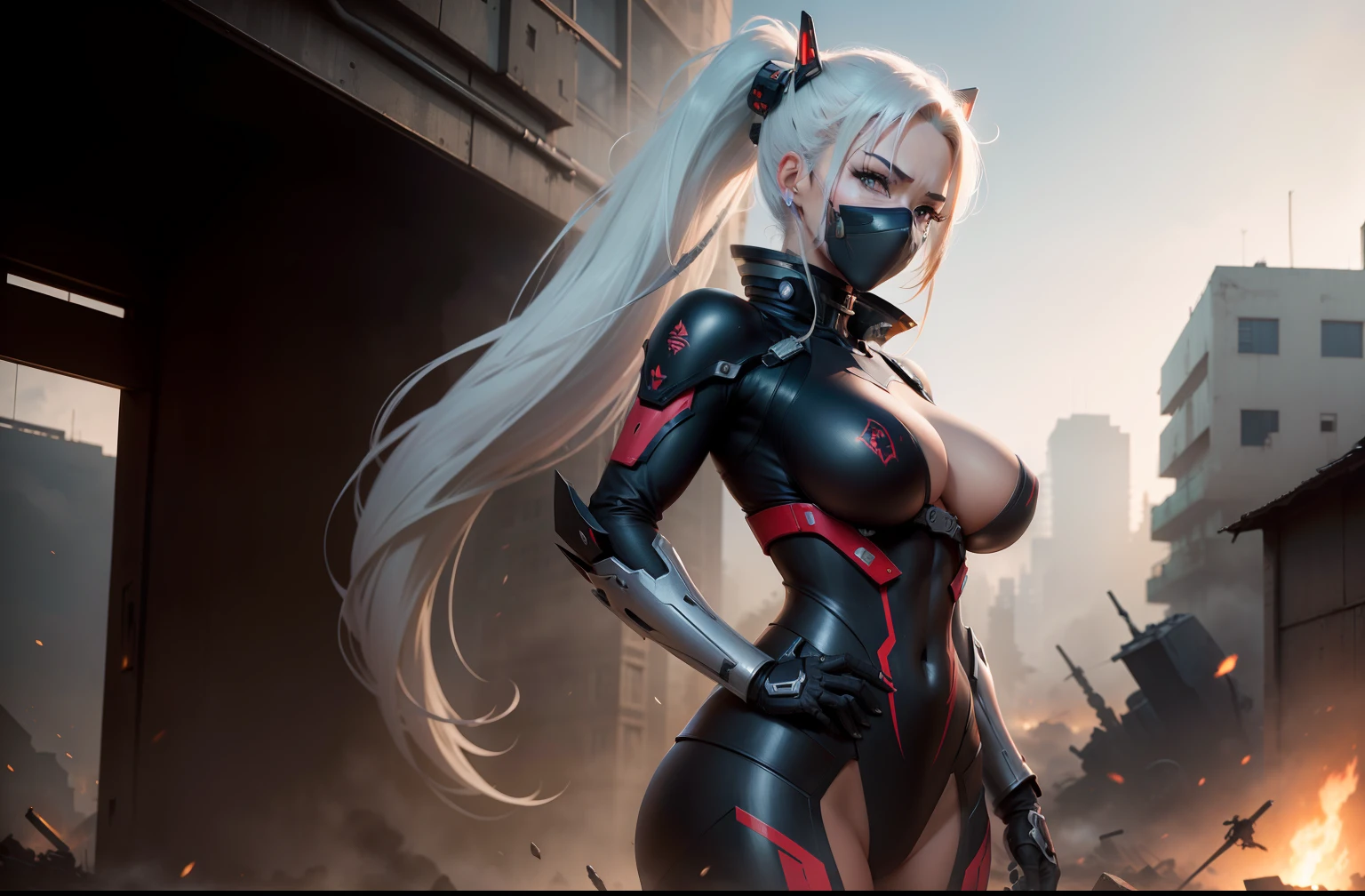 (Female ninja cruel mecha: 1.3, The whole body is covered with mechs, anime big breast,concept-art, Action painting, cinmatic lighting, Chiaroscuro) :(1.3)., The long white ponytail hair looks elegant and charming. Masterpiece 8K resolution, (Death and fear of killing): 0.5, War-torn city as a backdrop.
