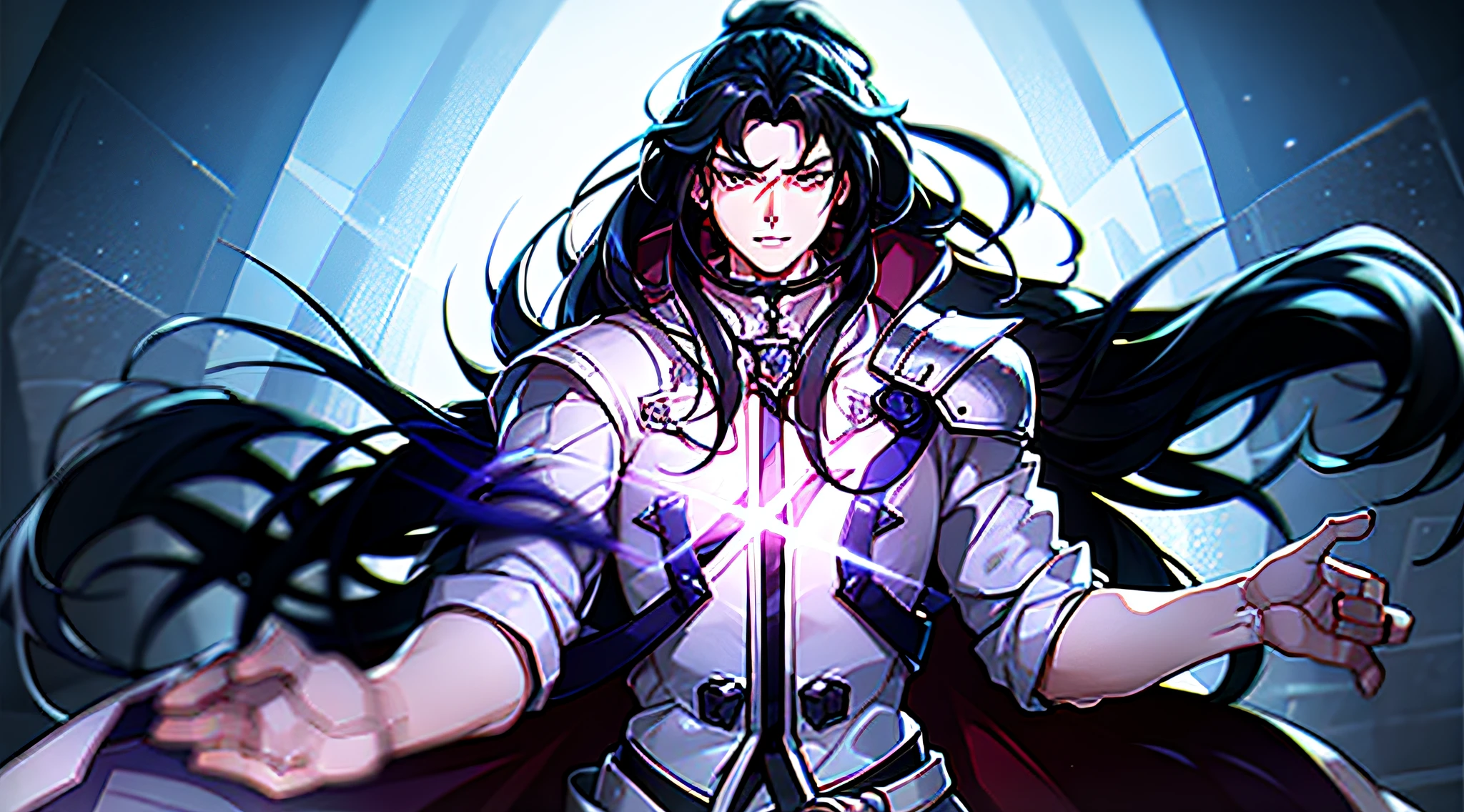 An epic image of a very epic knight even, ruivo e barbudo, um cavaleiro magico que usa magia branca, um cavaleiro magico invocando clones de magia branca, um homem adulto com cabelo grande e ruivo