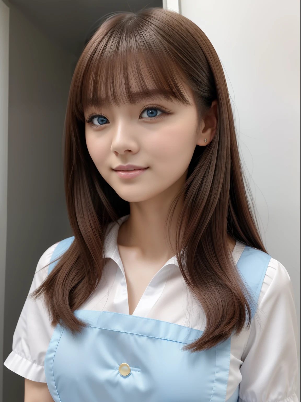 bright expression、photorealisim、top-quality、超A high resolution、a picture、Photo of an exquisitely beautiful Nordic-born girl、Extraordinary beautiful girl、Detailed cute and beautiful face、(pureerosface_v1:0.008)、Beautiful bangs、alice in the wonderland、18year old、Glowing white shiny skin、facial hairs、Bangs that extend to the face、attractive bright silky hair、finer hair、Attractive glowing beautiful bright clear light blue big eyes、White Apron、eye liner、Double eyelids、Lush bust --auto