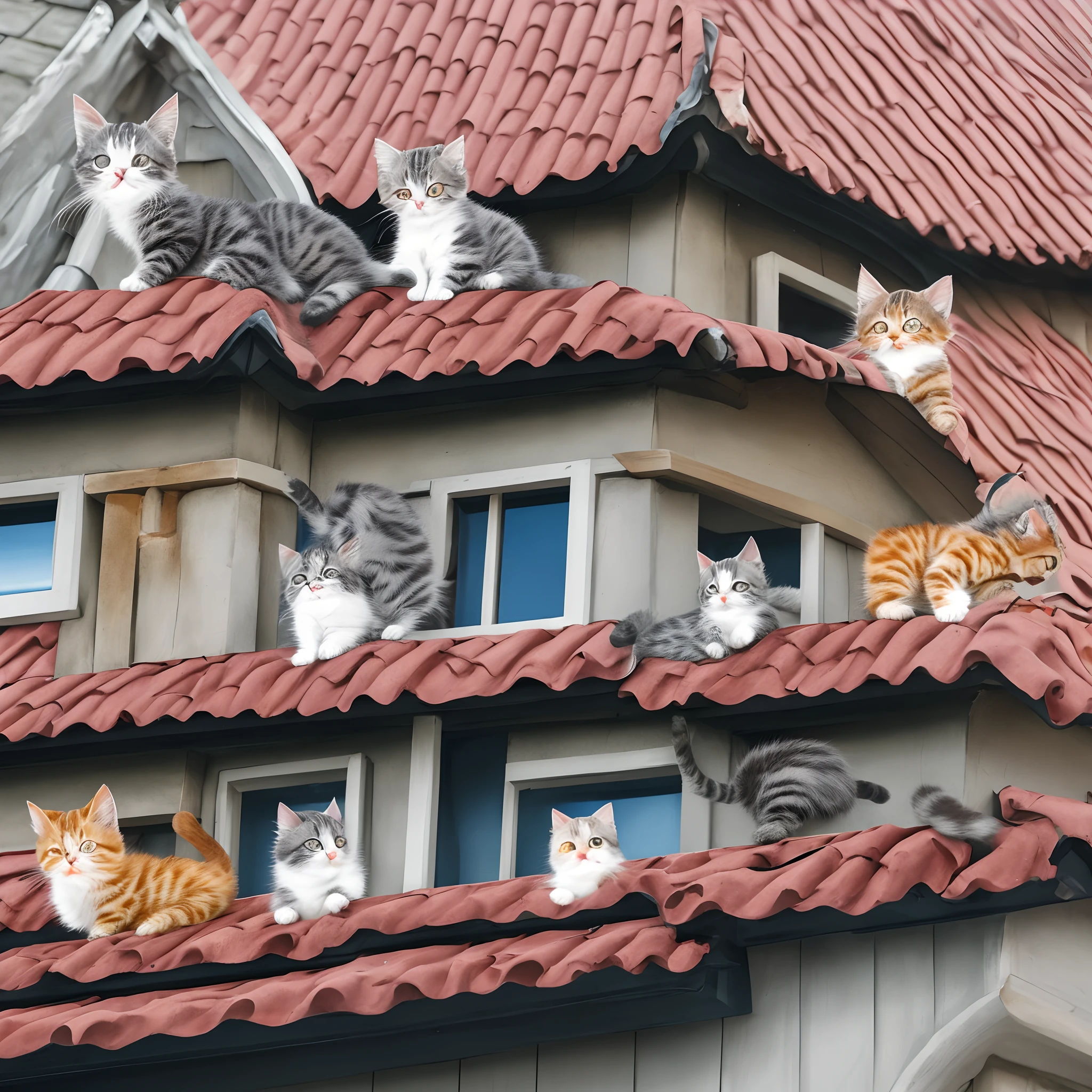Two-dimensional Three cute kittens on the roof yawning