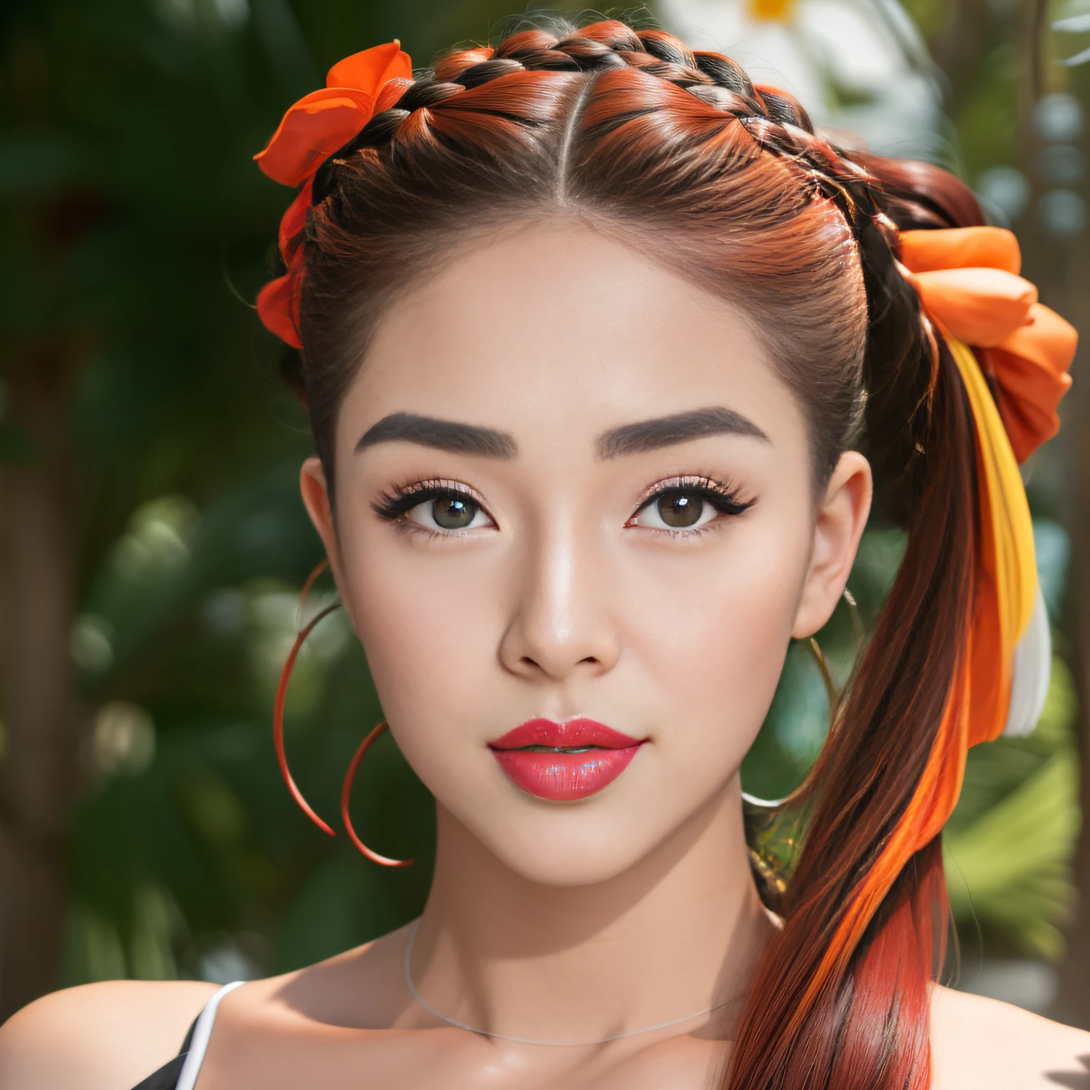 Hyper-realistic portrait of amazing Korean kpop idol with white braided ponytail, Full sleeve koi fish tattoo and red lips, usando um vestido justo todo preto sem mangas em meio a uma paisagem deslumbrante de flores de cerejeira. Capturado com Canon R5, mola a 200mm | | |, sharp focus and shooting in RAW format. A fotografia apresenta um rosto intrincado, fotorrealista e altamente detalhado em qualidade HD de 8k.