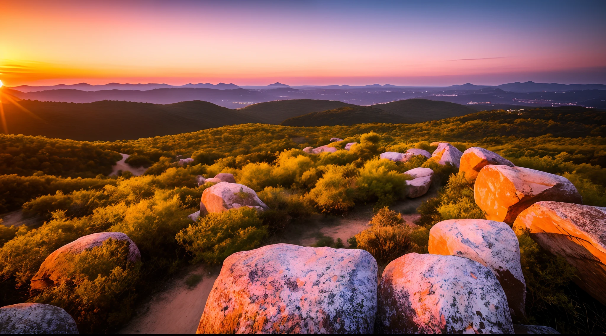 Sunset, evening glow, distant view, realistic, rich colors, gorgeous and colorful, wide-angle lens, shooting in the evening, positive film, naturalistic style, high-definition filming.