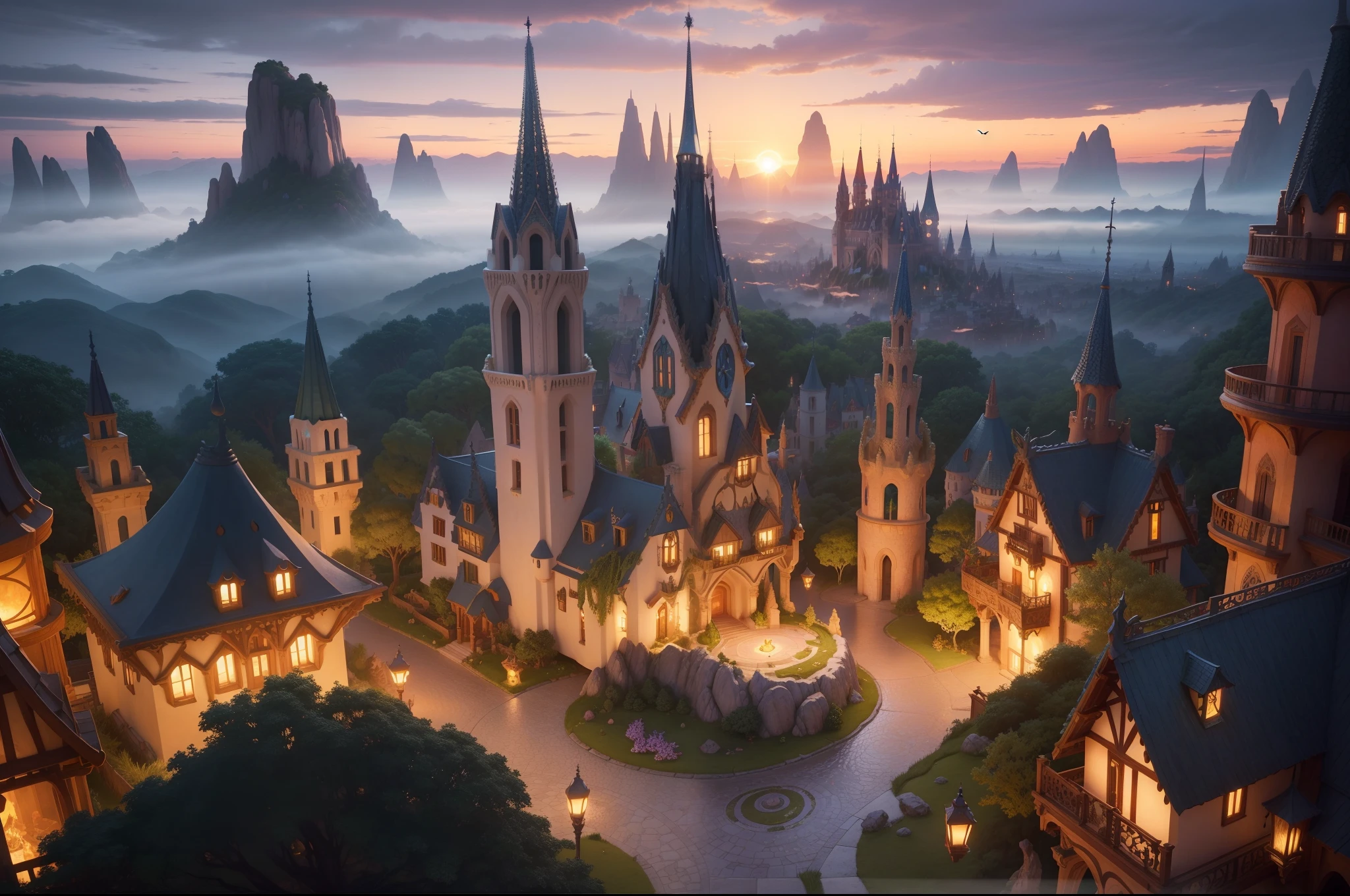 Fantasy village of elfs, Gaudí architecture and art nouveau inspired, surrounded by vegetation, in an levitating island, isolated clouds behind and over it. Birds flying. Illuminated by sunset sun, blue hour. Highly detailed, slighly high point of view, great angular, deep depht of field. Photorealistic.