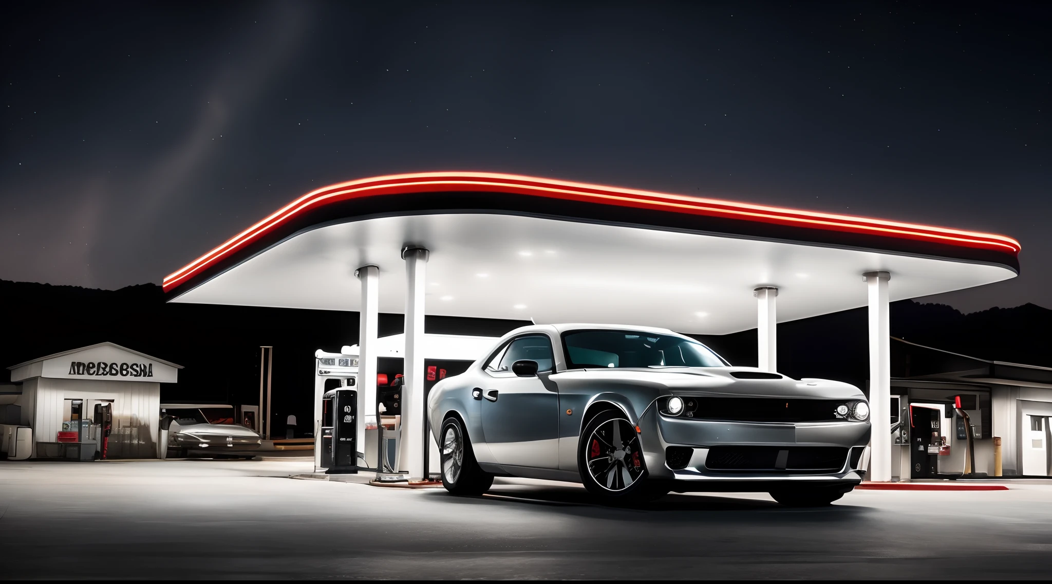 Dodge challengerhellcat silver muscle car standing in front of illuminated gas station at night, darkness illumination, Classic American vistas ar 21:9-c 10-style raw