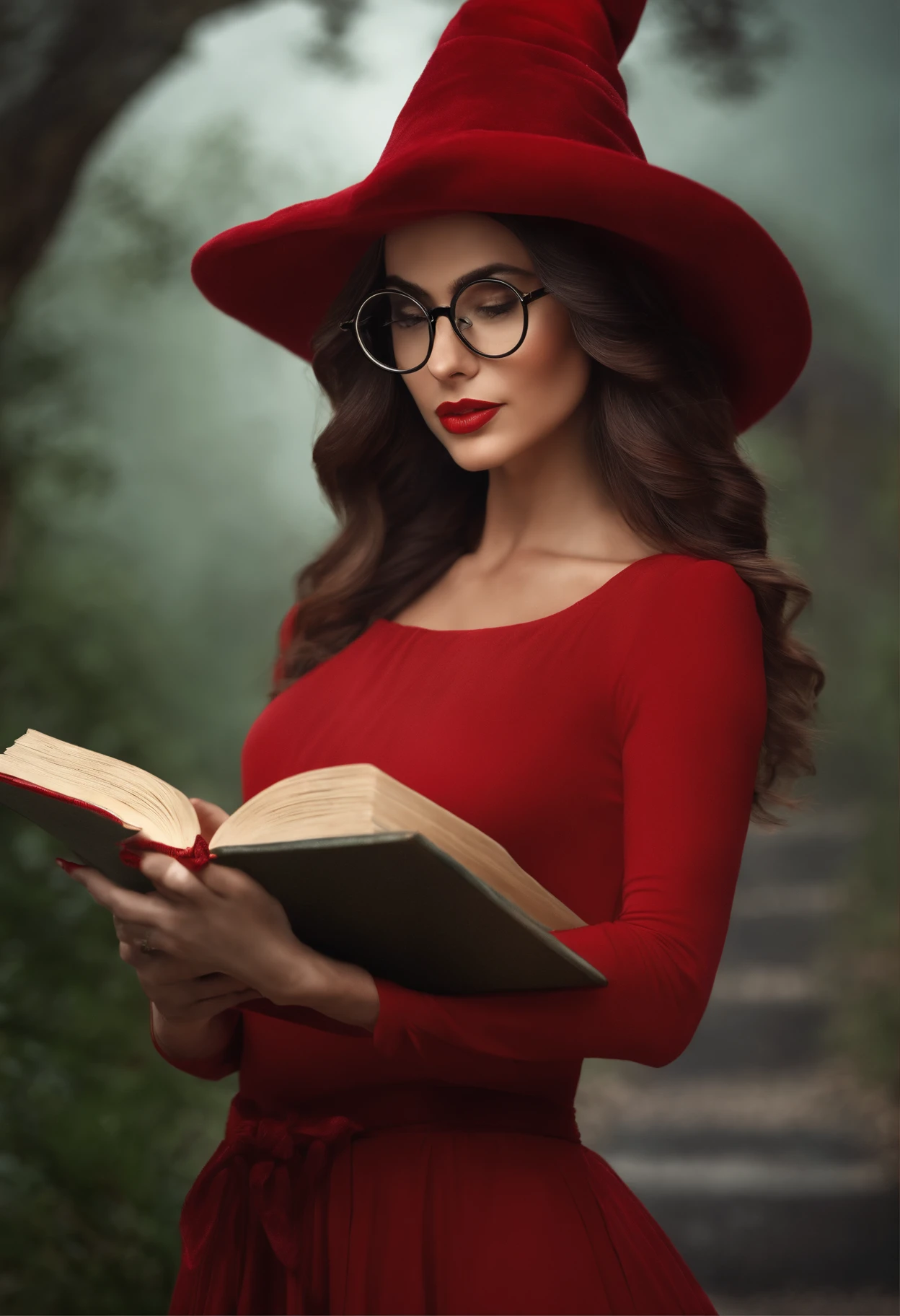 Woman in red hat and glasses holding a book,cabelos prateados,She wears Harry Potter glasses, Maya Ali como d&d feiticeira, holding spell book, vestido como bruxa, d&Magic D, wearing a red wizard's hat.