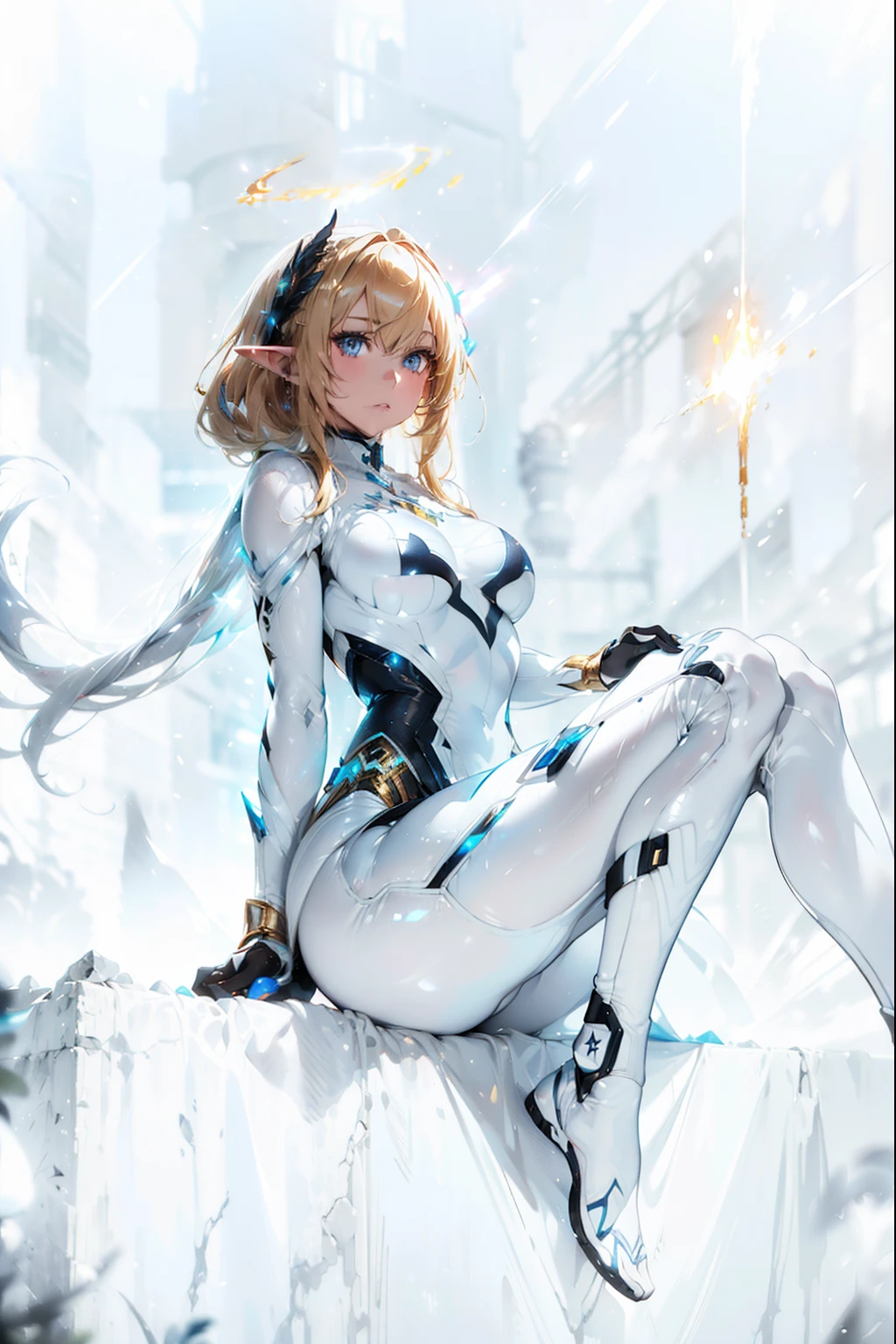 Elf with golden hair, intricate perfect beauty face, detailed sharp galaxy glowing eyes, detailed face, (((from face to the waist))), (((beauty shape))), ((in realistic white neon-lit sci-fi plugsuit costume)), masterpiece, 4k, UHD (((wearing golden gloves with hyper realistic and detailed black)))