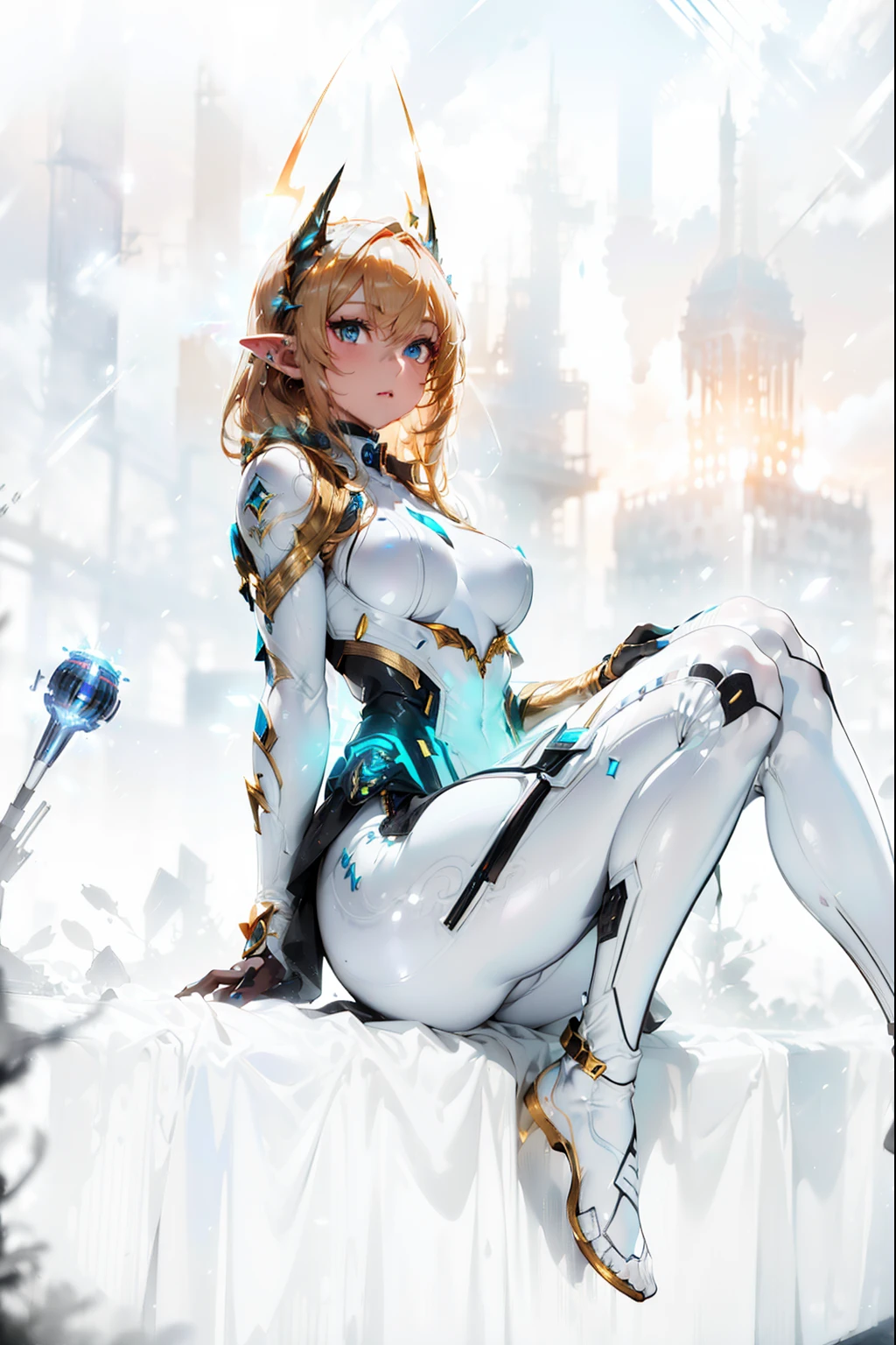 Elf with golden hair, intricate perfect beauty face, detailed sharp galaxy glowing eyes, detailed face, (((from face to the waist))), (((beauty shape))), ((in realistic white neon-lit sci-fi plugsuit costume)), masterpiece, 4k, UHD (((wearing golden gloves with hyper realistic and detailed black)))