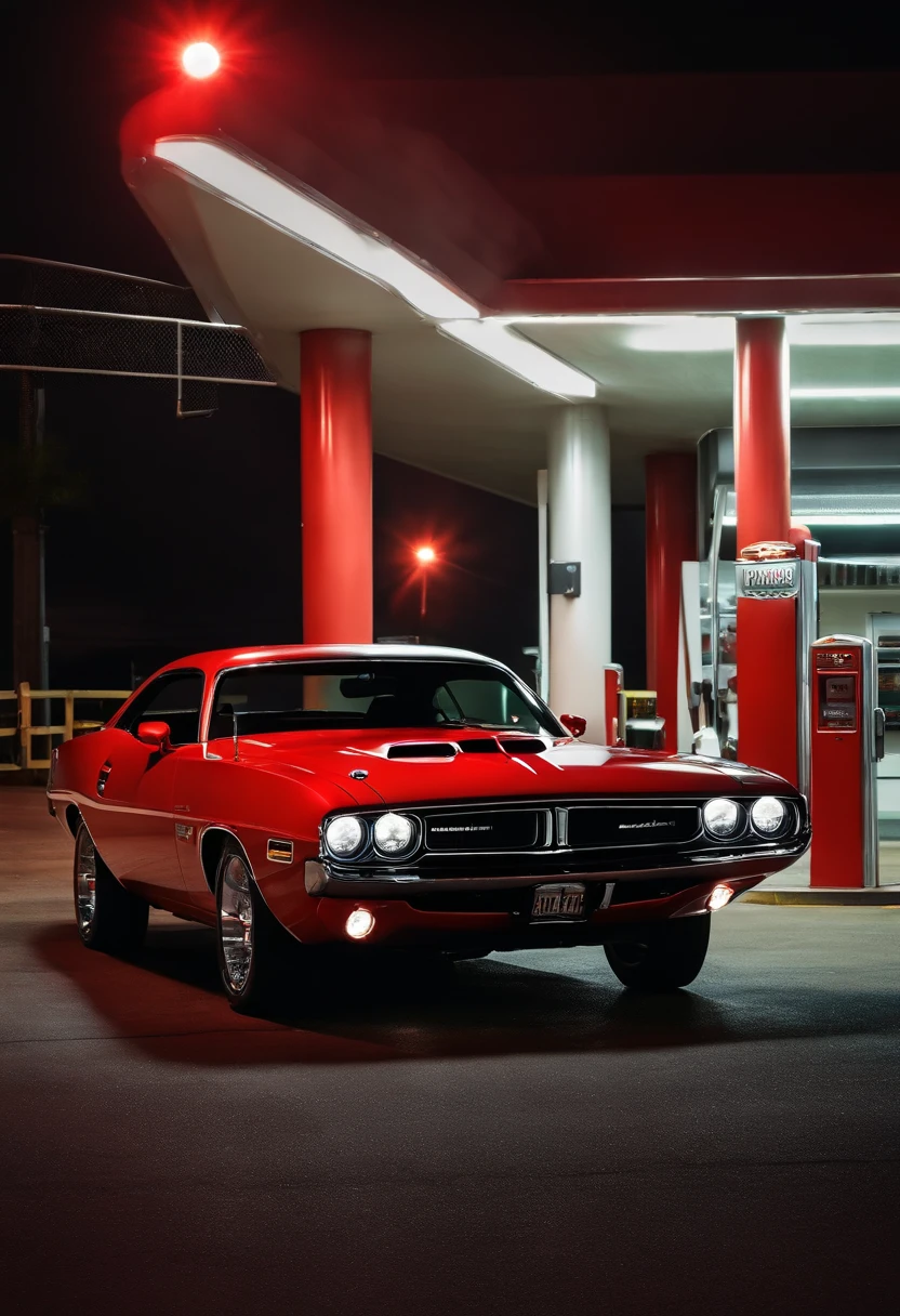 Dodge challengerhellcat red silver led light for muscle car standing in front of illuminated gas station at night, darkness illumination, Classic American vistas ar 21:9-c 10-style raw