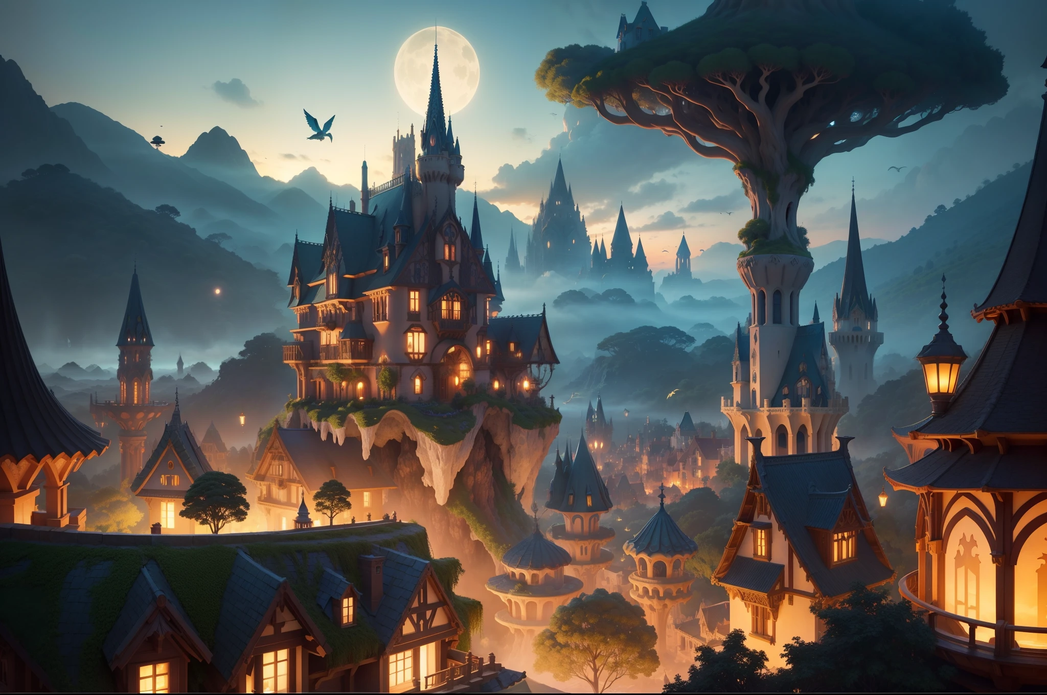 Fantasy village of elfs, Gaudí architecture and art nouveau inspired, surrounded by vegetation, in an levitating island, isolated clouds behind and over it. Birds flying. Illuminated by sunset sun, blue hour. Highly detailed, slighly high point of view, great angular, deep depht of field. Photorealistic.