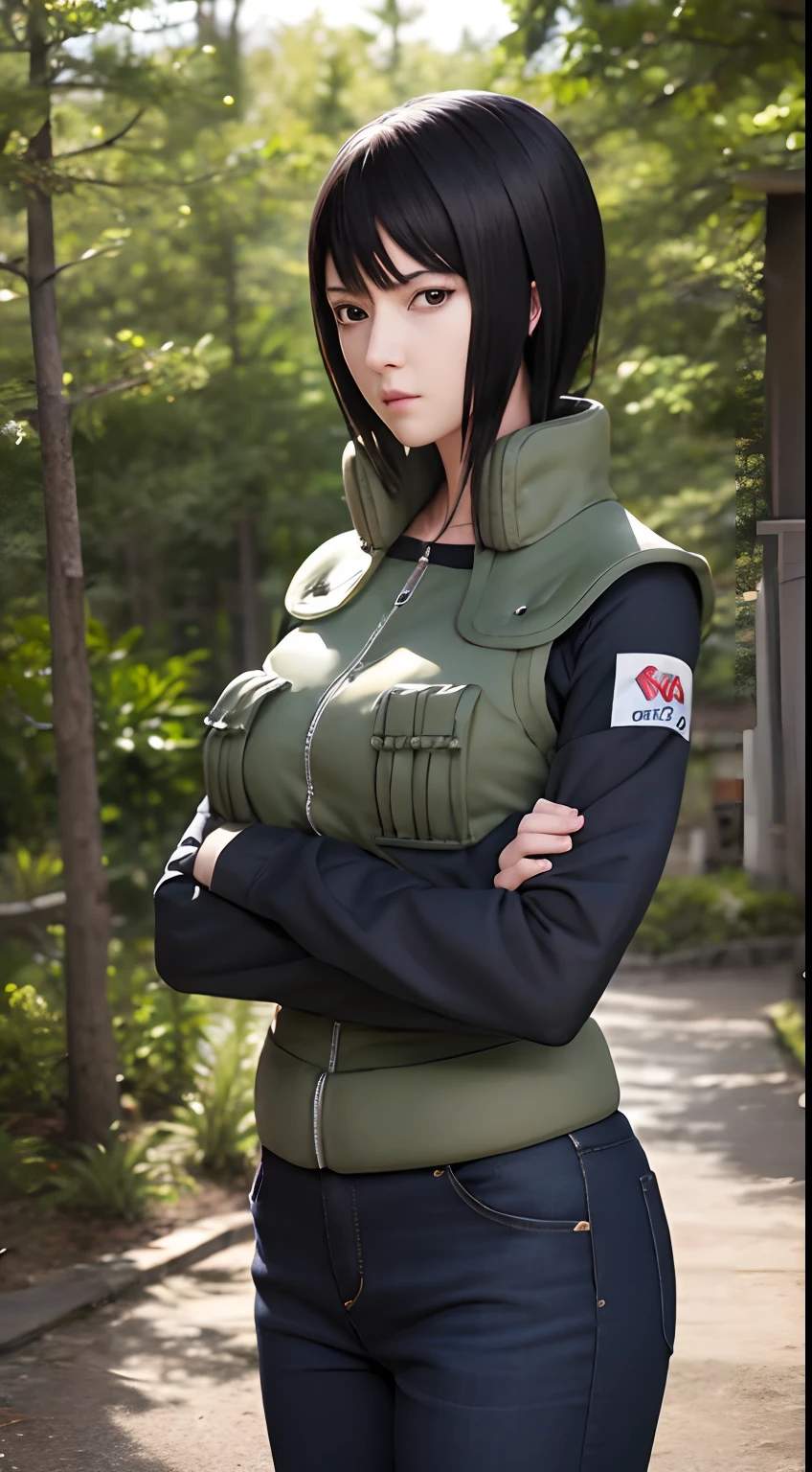 masterpiece, best quality, shizune, vest, long sleeves, pants, looking at viewer, forest, serious, cowboy shot, crossed arms, 1girl big breast,4k