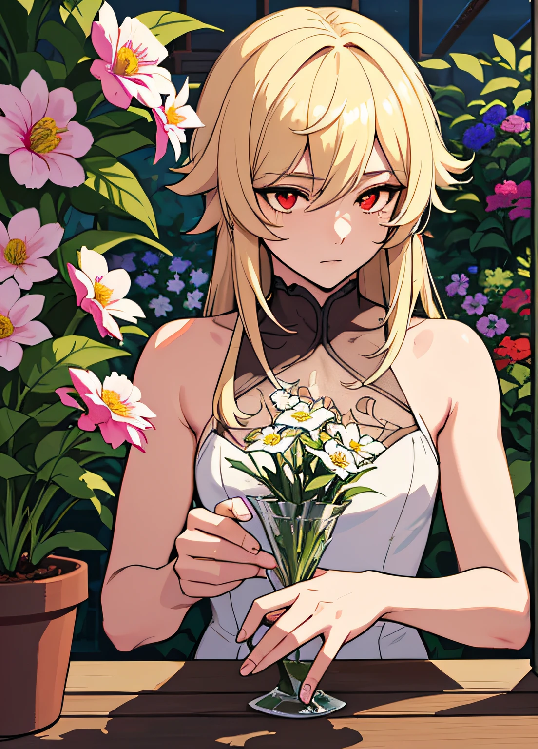 extremely delicate and beautiful, Amazing, finely detail, masterpiece, ultra-detailed, highres,best illustration, best shadow,intricate,sharp focus, high quality, 1male, solo, blond hair. red eyes, kaveh genshin impact, glass greenhouse, flowers in pots, flowers for sale, man looking at flowers, flowers everywhere