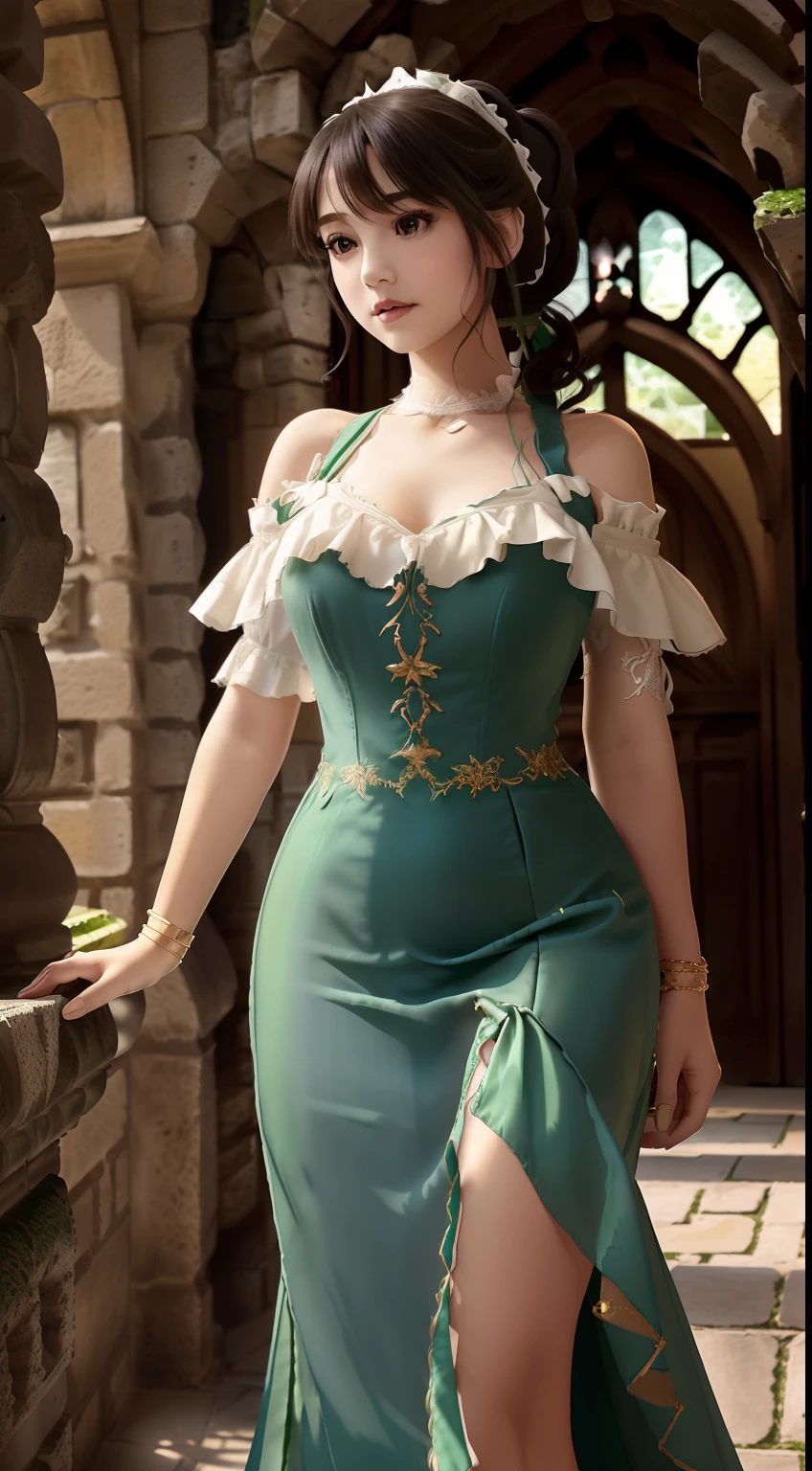 Pristine emerald gothic type long dress with ethereal transparency(Gold and red embroidery,White decoration),​masterpiece, top-quality, 超A high resolution,8K,32K,1girl in,Girl walking in stone corridor in medieval Europe, (Photorealsitic:1.5), natural soft light, Beautiful fece, Detailed puffy eyes, tiny chest, 年轻, A detailed eye, Detailed skin and fabric texture,((curlyhair, cabelos preto e longos,High Up Ponytail,Cute big white ribbon on ponytail)), (((Tube Top,off shoulders,v neck,Emerald Green Silk Long Dress、White decoration))),adolable, striated hair, A smile, a necklace, full body Esbian, is standing, Teen, Japan Lotus Chun, (((Inside a castle in medieval Europe、Emerald green long dress(Gothic lolita)))),Poses in motion,dynamicposes,dynamic ungle,Background with(stone pavement、Stone corridor,Inside a castle in medieval Europe,rokoko,gotik,Brick building,)