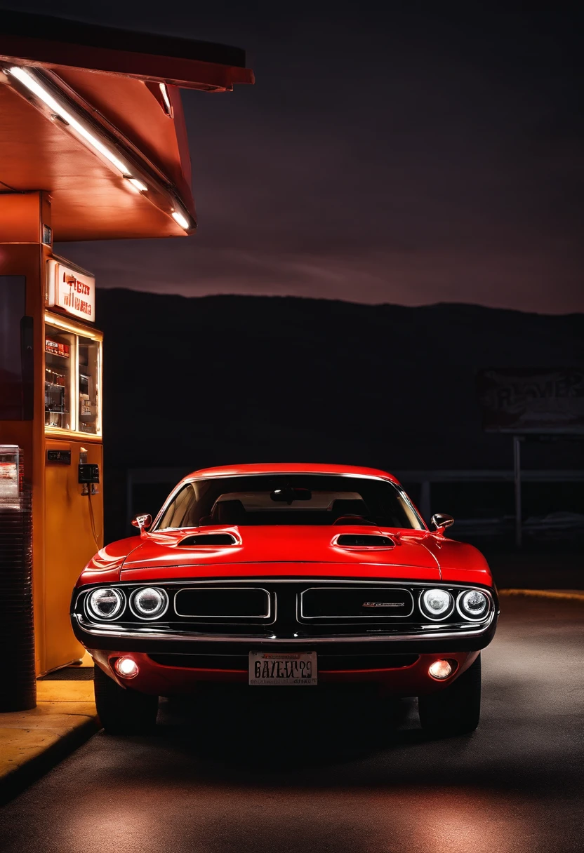 Dodge challengerhellcat 2023 red silver led light for muscle car standing in front of illuminated gas station at night, darkness illumination, Classic American vistas ar 21:9-c 10-style raw