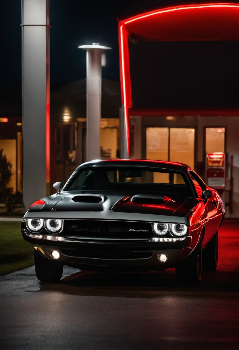 Dodge challengerhellcat 2023 red silver led light for muscle car standing in front of illuminated gas station at night, darkness illumination, Classic American vistas ar 21:9-c 10-style raw