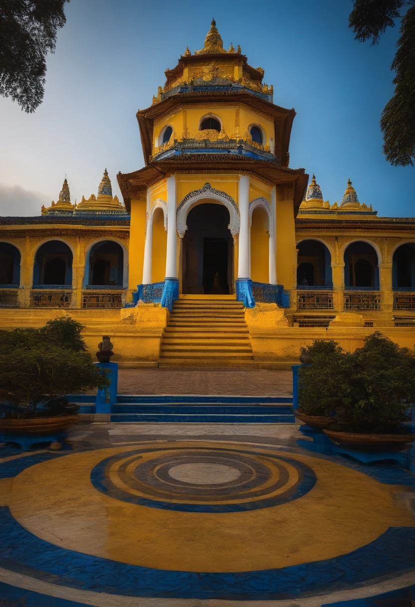templo da lua, paleta de cor azul, lua grande amarela