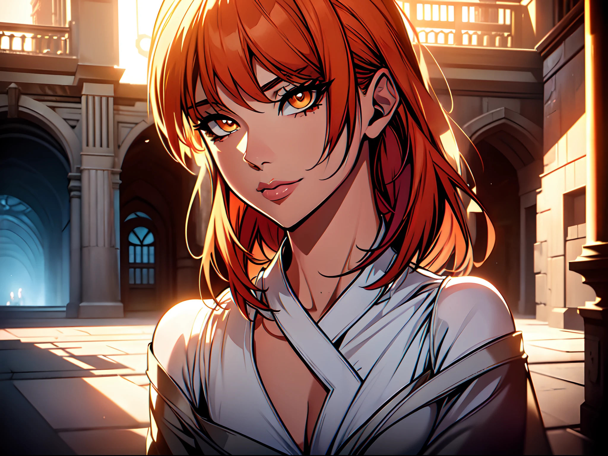 Body portrait for Attractive orange eyes and orange hair woman wearing orange lace kimono, joy, fun, elegant, pretty face, face details, orange eyes, FULL BODY VIEW, soft skin, fantasy, blunt cut hair, LIGHT MAKE-UP, line art, allure, walking in the castle, crisp orange eyes, 3d shading, miranda kerr, rustic charm, gorgeous woman, fashion look, DYNAMIC, marvel comics art, epic, deep v-neck, detailed eyes, UHD, pretty face, glamours, clean face, showing in 4k format, impressive, fitness body, light hair, realistic, highly detailed, full body, high quality, charming and attractive woman, full intimate setting, comic book by Joshua Middleton.